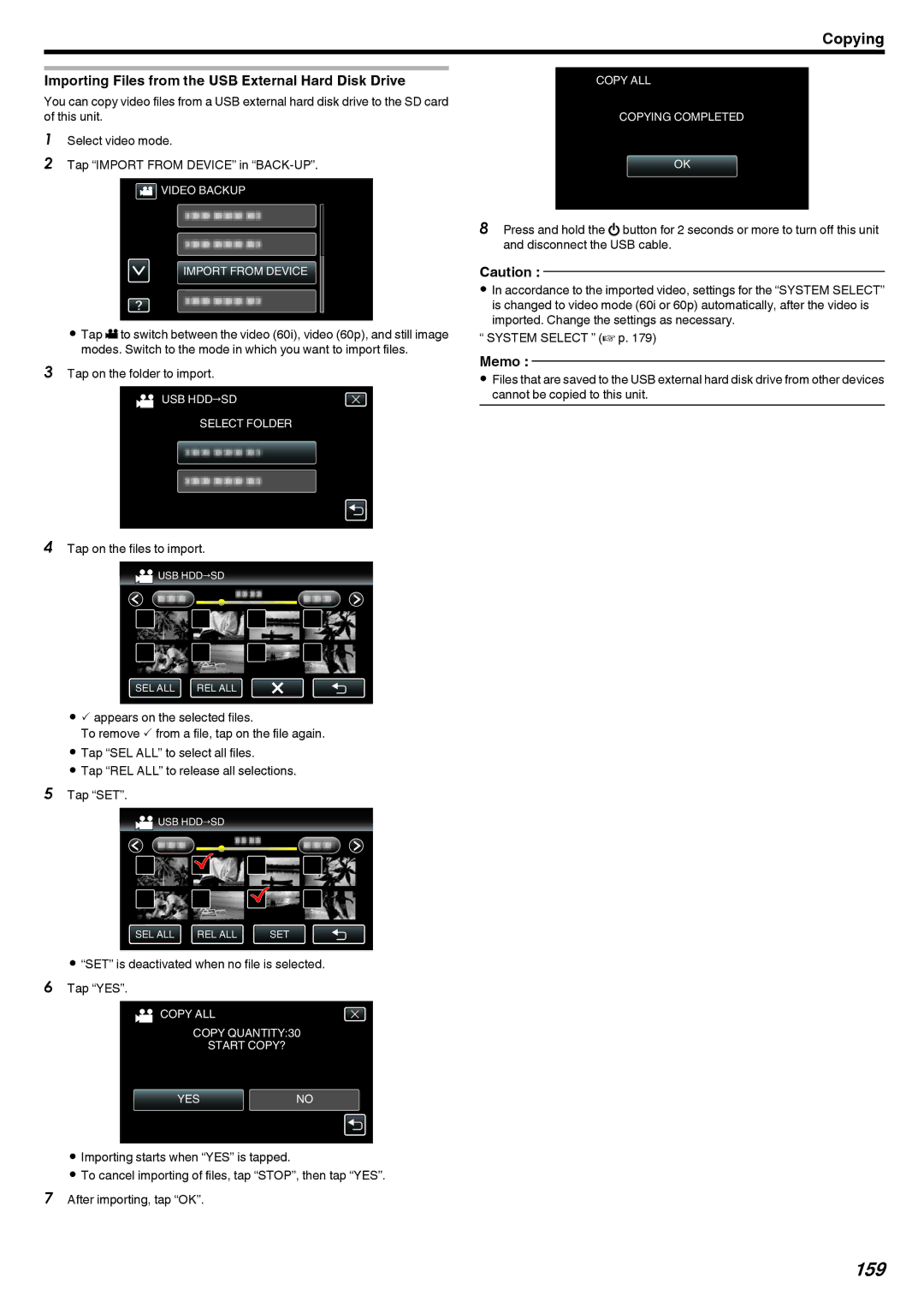 JVC LYT2473-002A manual 159, Tap on the folder to import, Tap on the files to import 