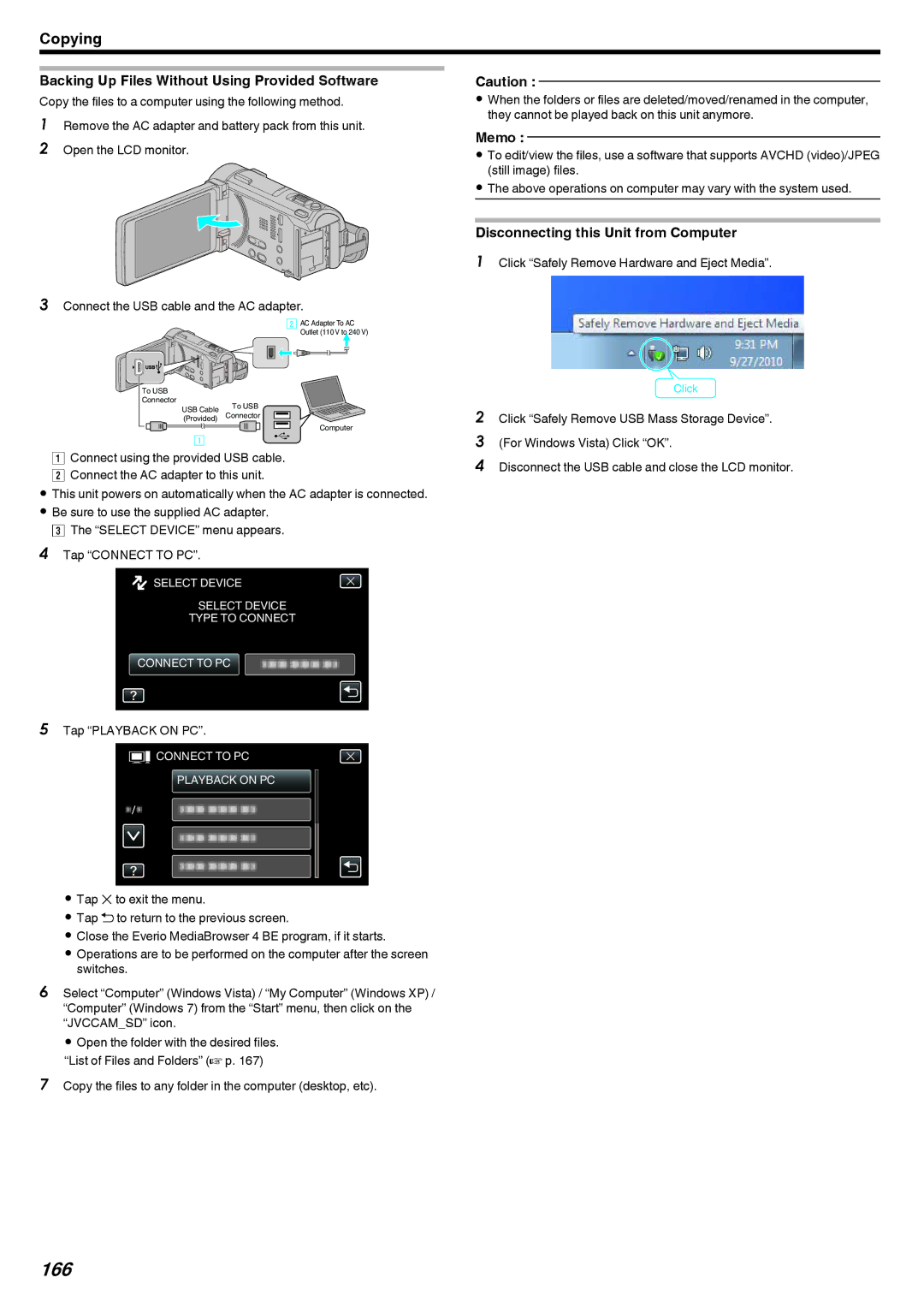 JVC LYT2473-002A manual 166, Backing Up Files Without Using Provided Software, Tap Playback on PC 