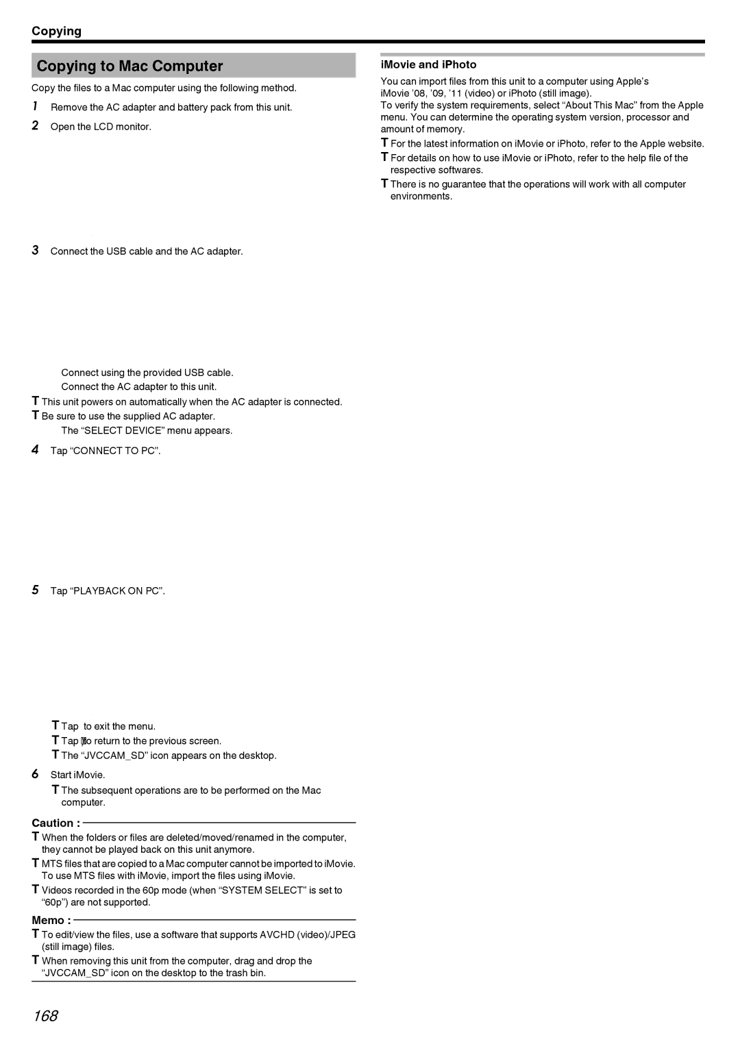 JVC LYT2473-002A manual Copying to Mac Computer, 168, IMovie and iPhoto 