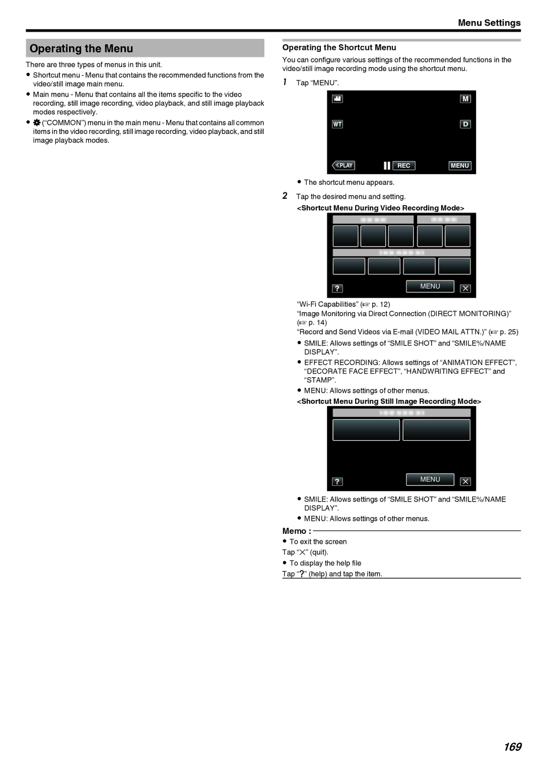 JVC LYT2473-002A manual Operating the Menu, 169, Operating the Shortcut Menu, Shortcut Menu During Video Recording Mode 