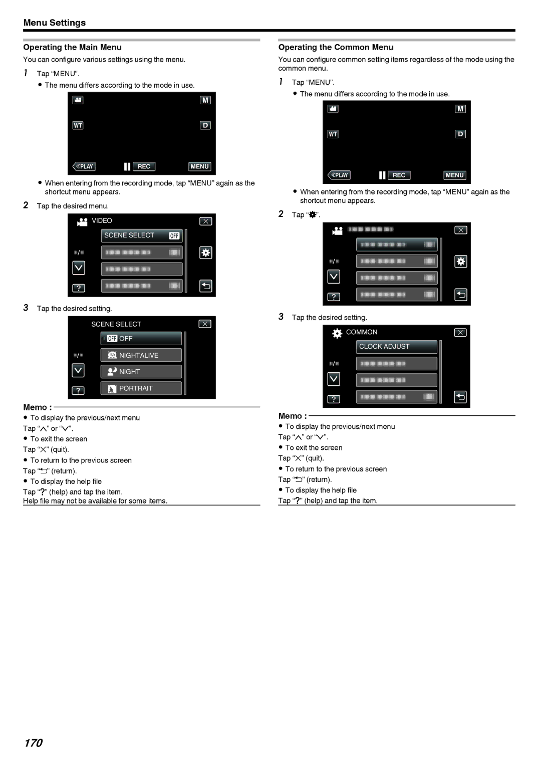 JVC LYT2473-002A manual 170, Operating the Main Menu, Operating the Common Menu 