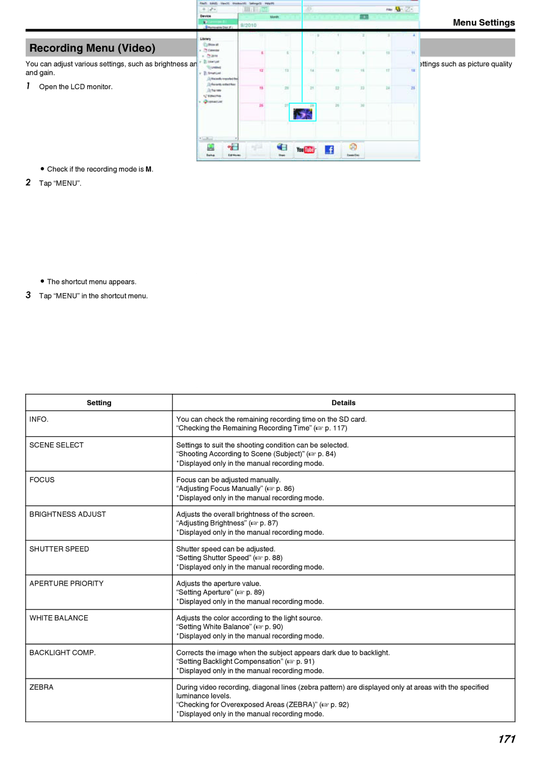 JVC LYT2473-002A manual Recording Menu Video, 171, Info, Brightness Adjust 