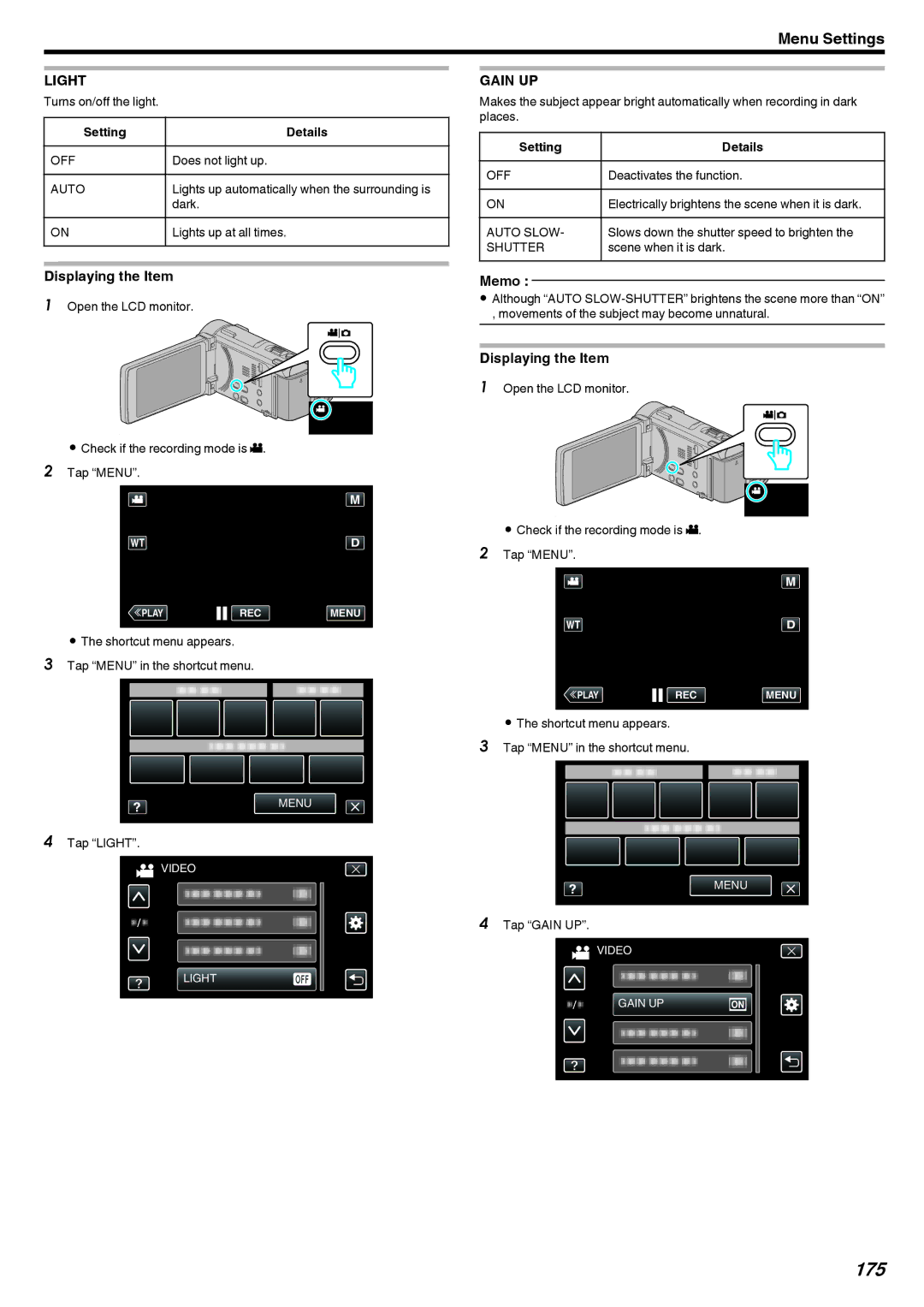 JVC LYT2473-002A manual 175, Light, Displaying the Item, Gain UP 