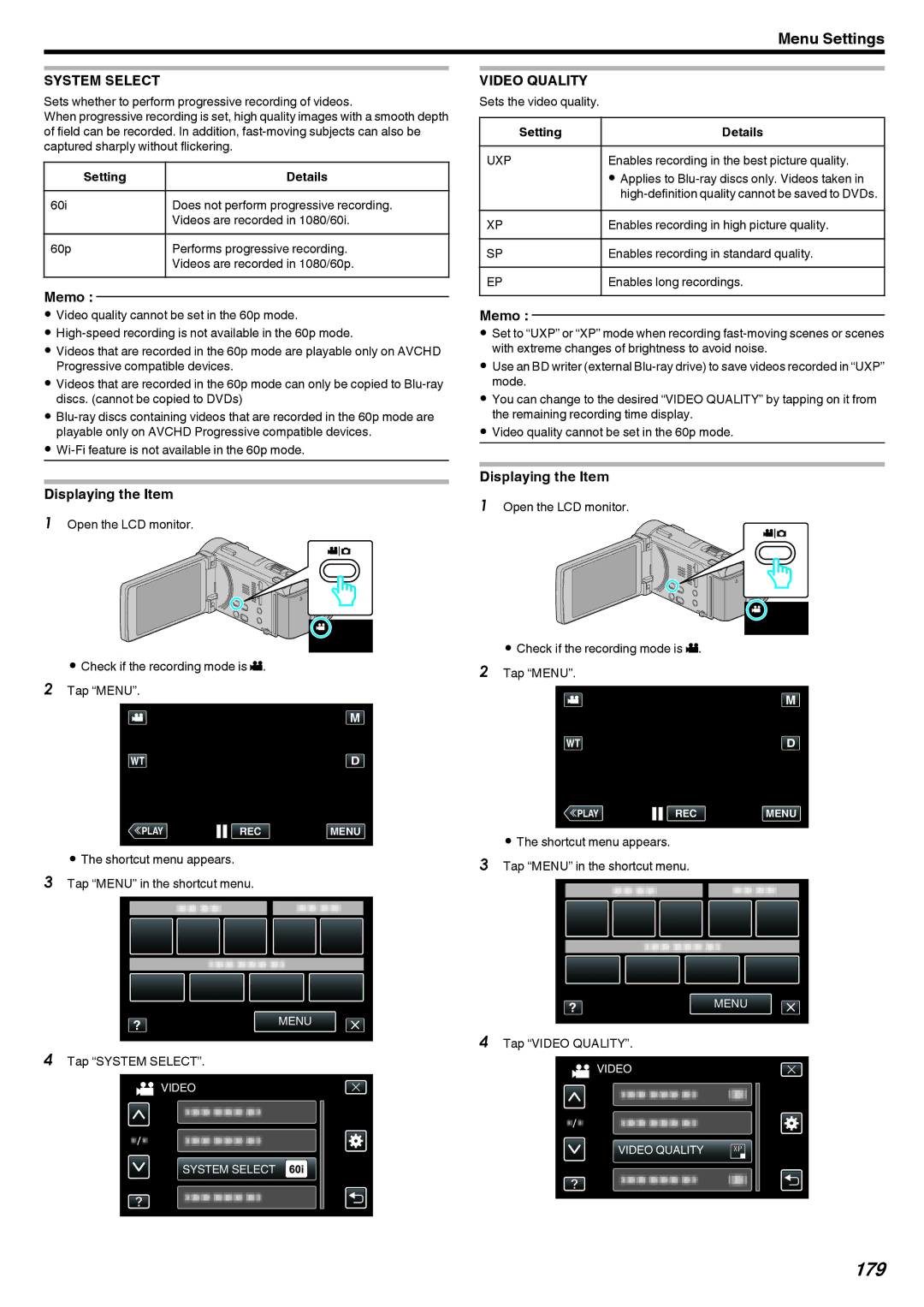 JVC LYT2473-002A manual 179, System Select, Video Quality, Uxp 