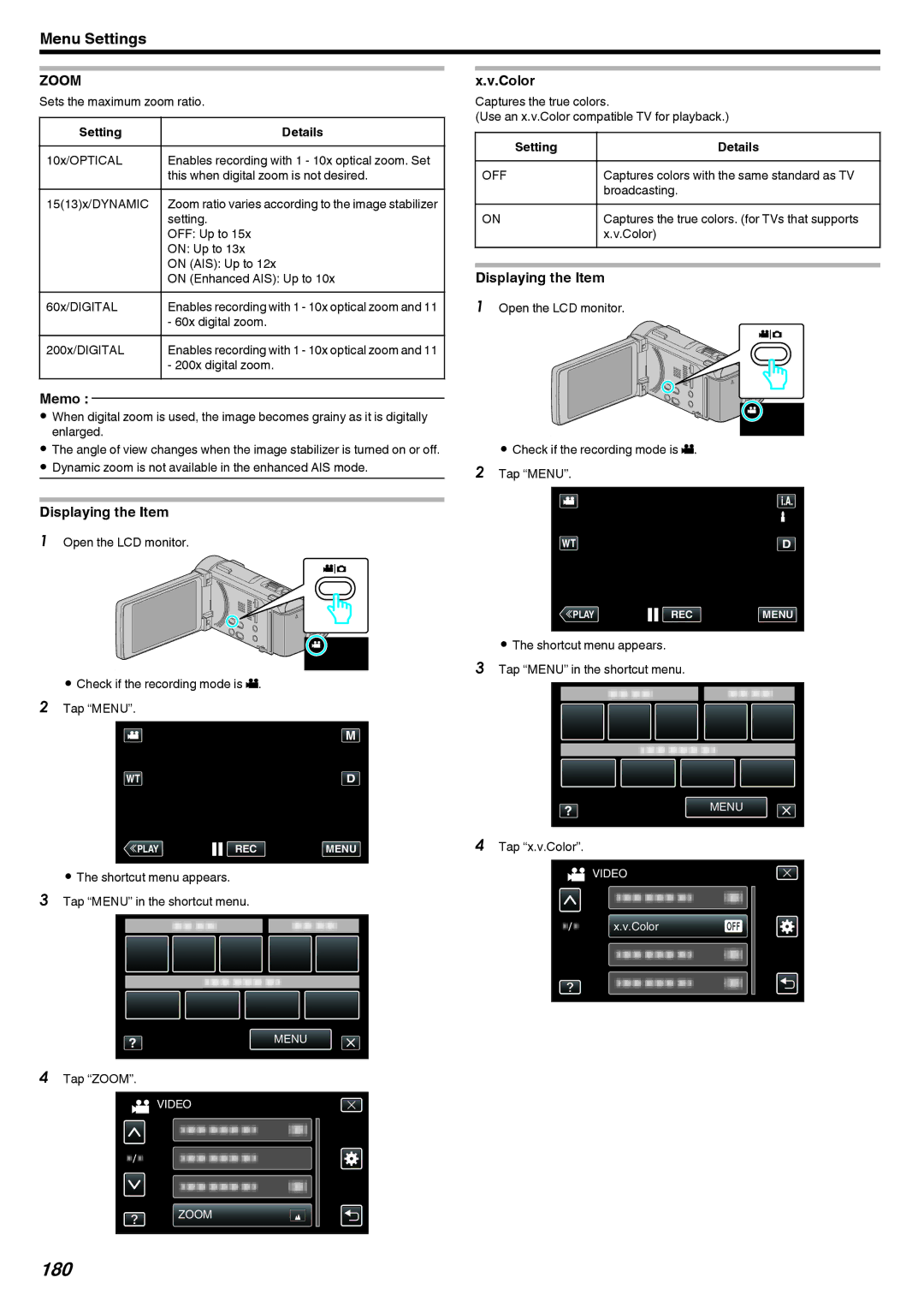 JVC LYT2473-002A manual 180, Zoom, Color 