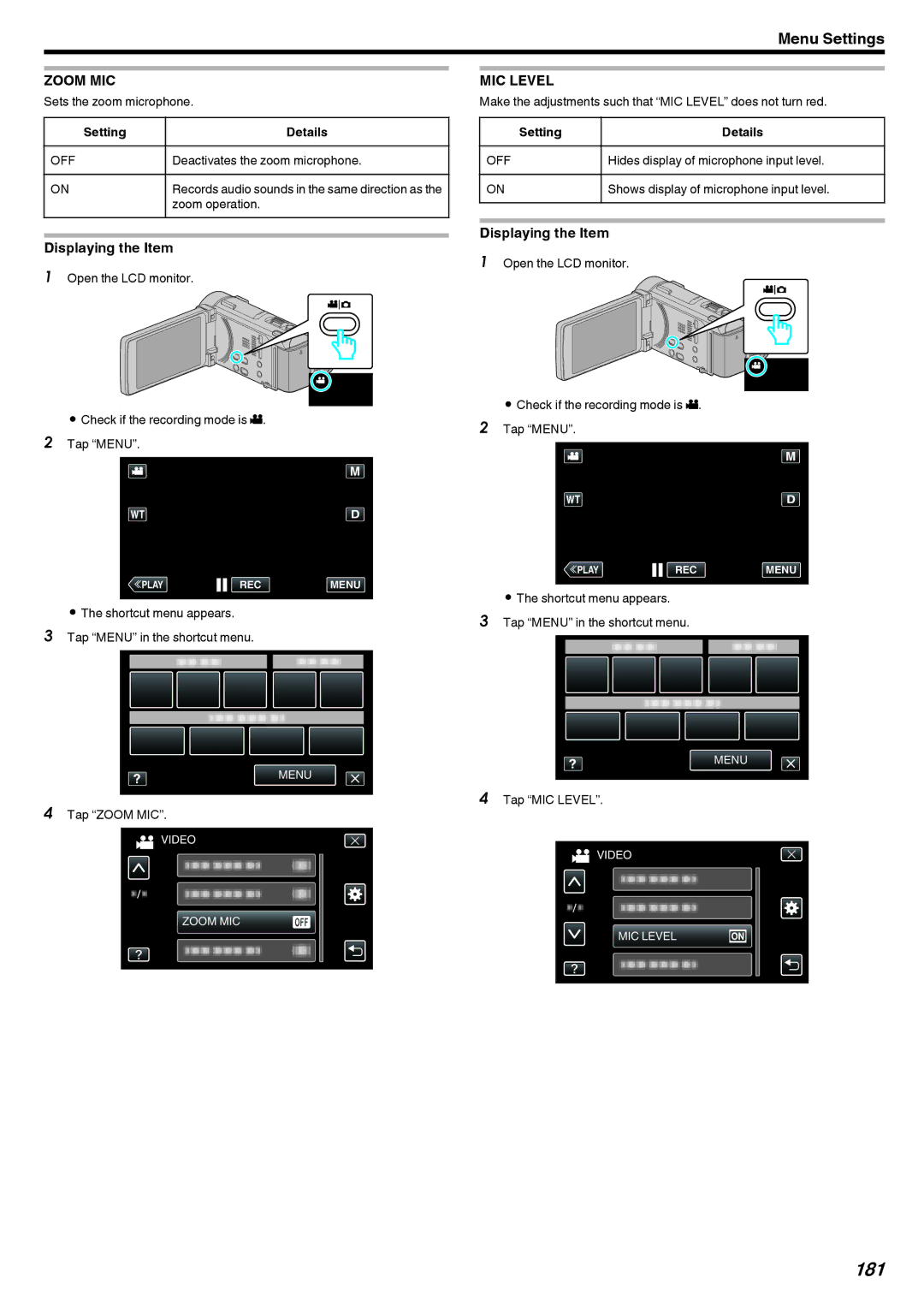 JVC LYT2473-002A manual 181, Zoom MIC, MIC Level 