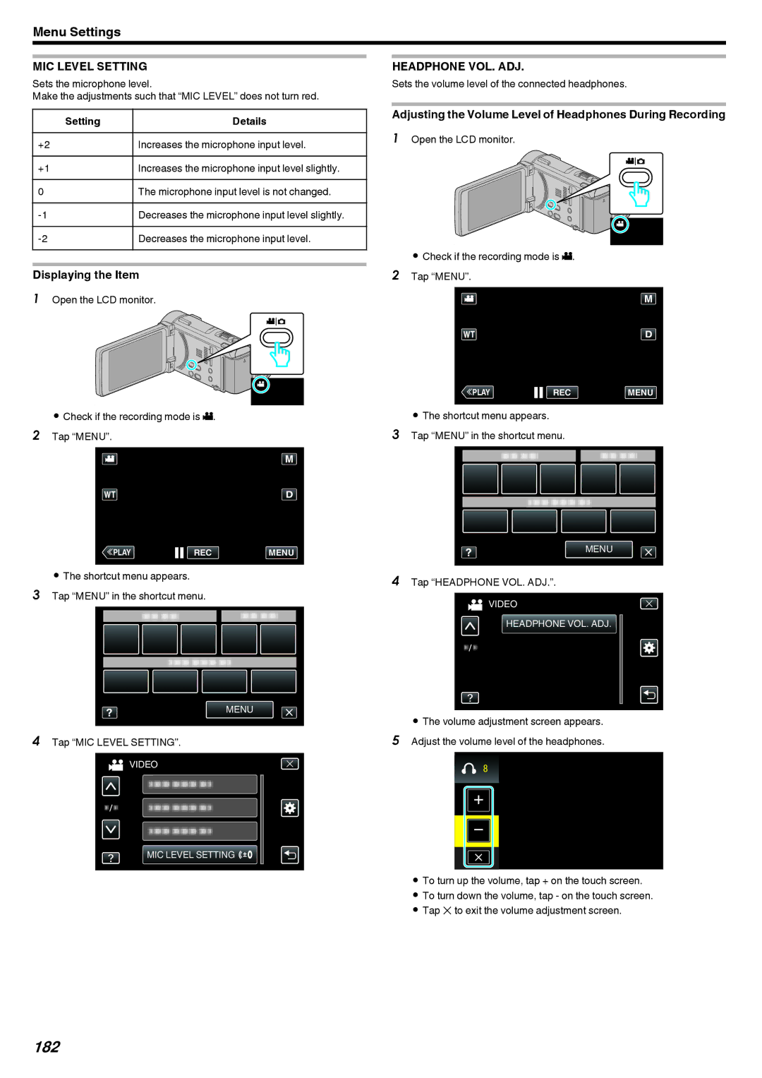 JVC LYT2473-002A 182, MIC Level Setting, Headphone VOL. ADJ, Adjusting the Volume Level of Headphones During Recording 