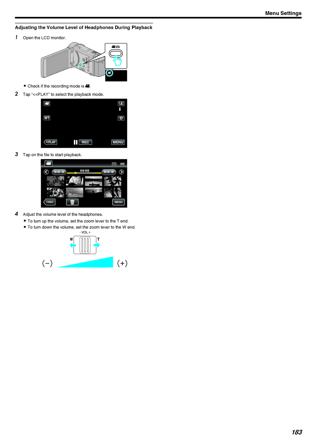 JVC LYT2473-002A manual 183, Adjusting the Volume Level of Headphones During Playback 