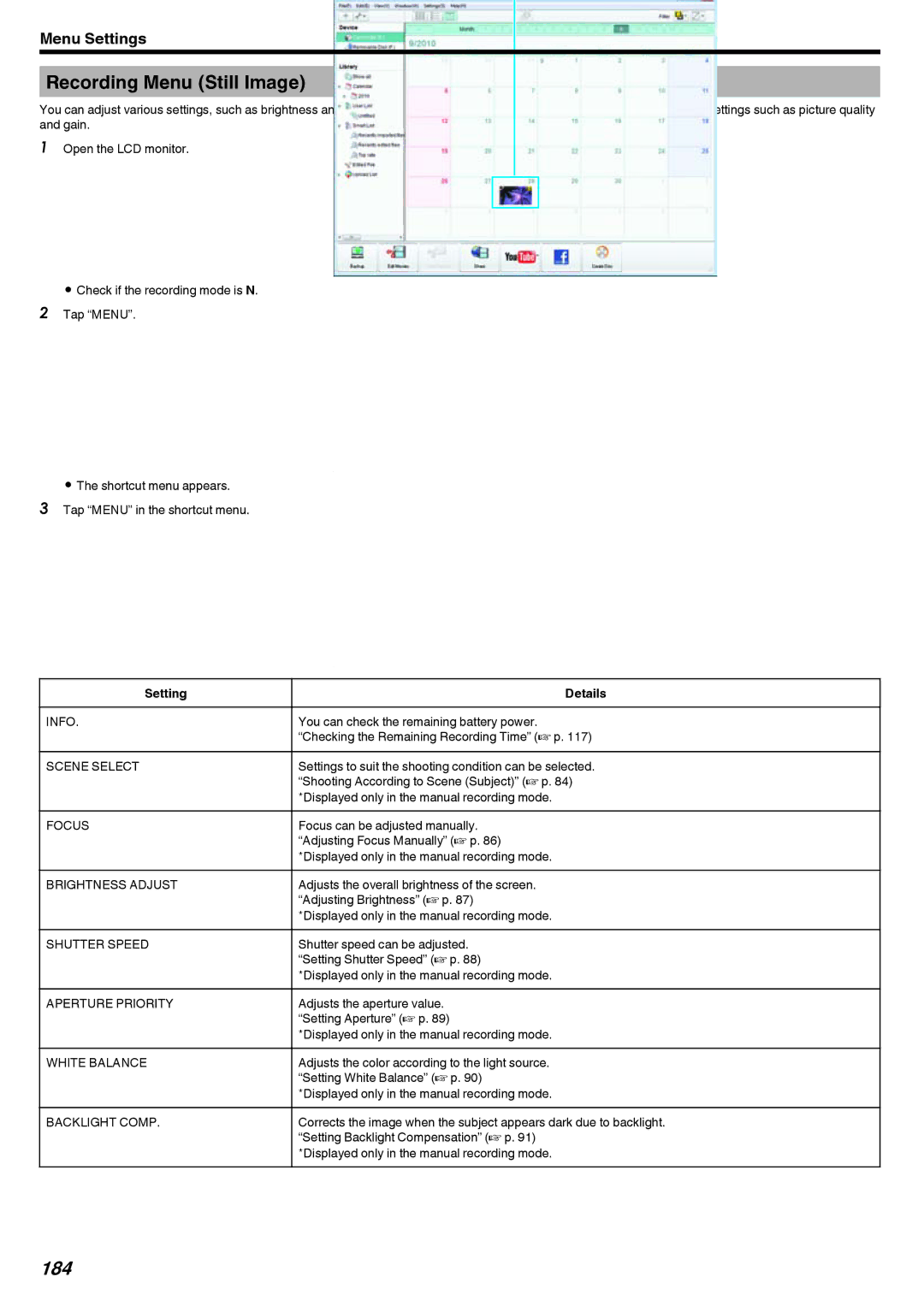 JVC LYT2473-002A manual Recording Menu Still Image, 184, You can check the remaining battery power 