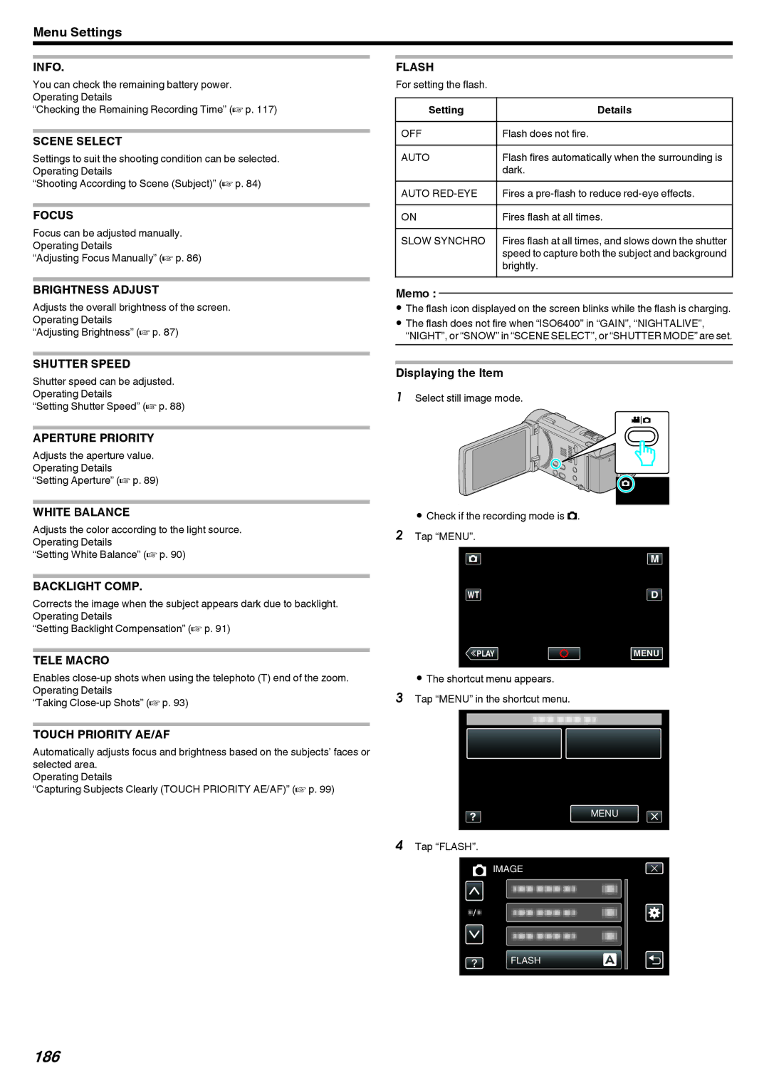 JVC LYT2473-002A manual 186, Flash, Auto RED-EYE, Slow Synchro 