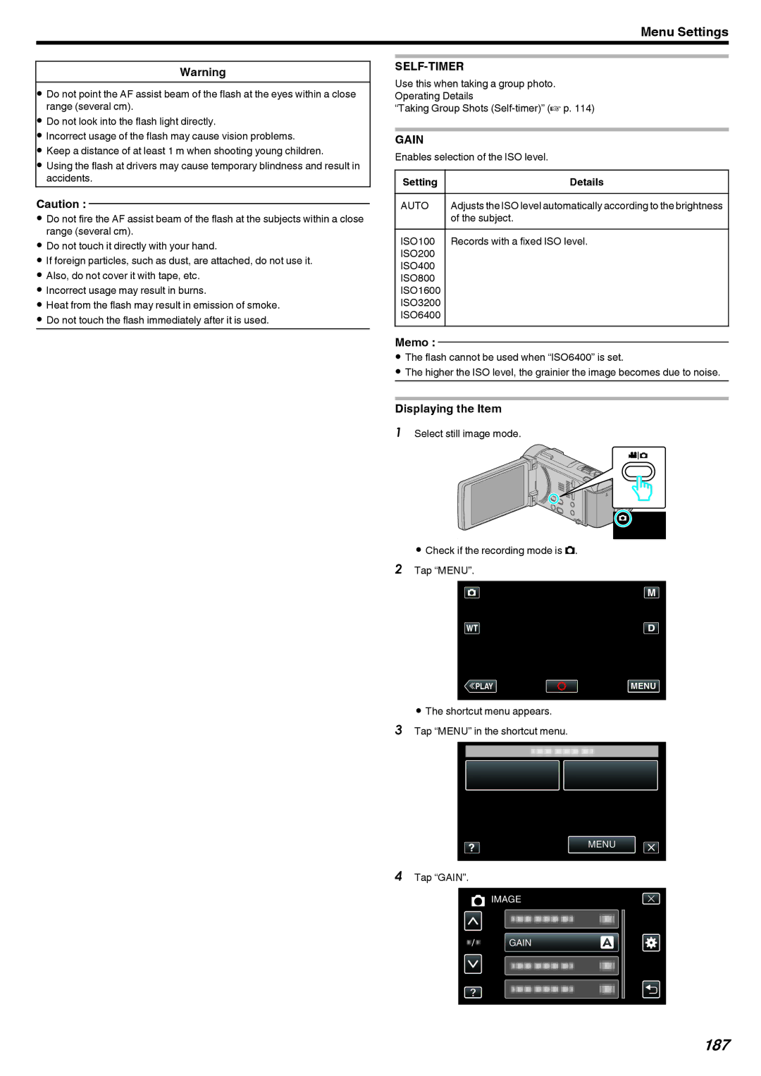 JVC LYT2473-002A manual 187, Self-Timer, Tap Gain 