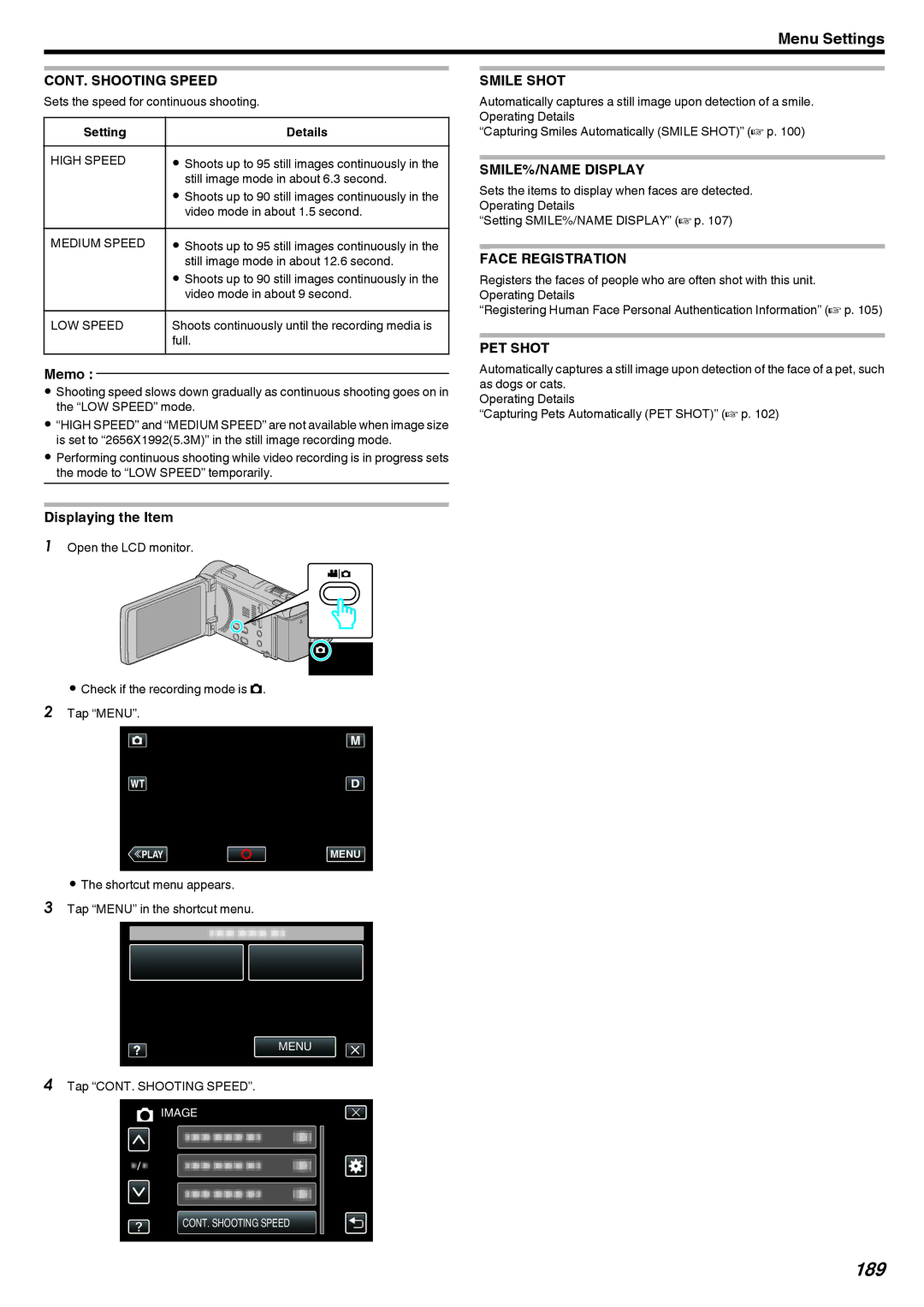 JVC LYT2473-002A manual 189, CONT. Shooting Speed 