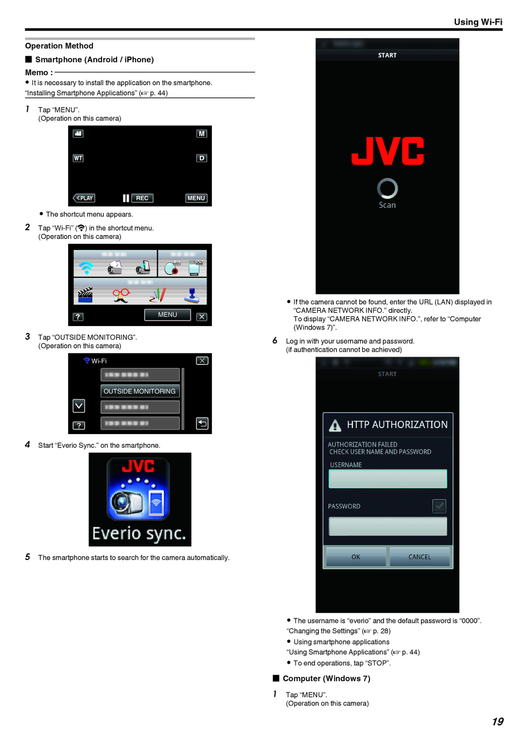 JVC LYT2473-002A manual Operation Method Smartphone Android / iPhone Memo, Tap Outside MONITORING. Operation on this camera 