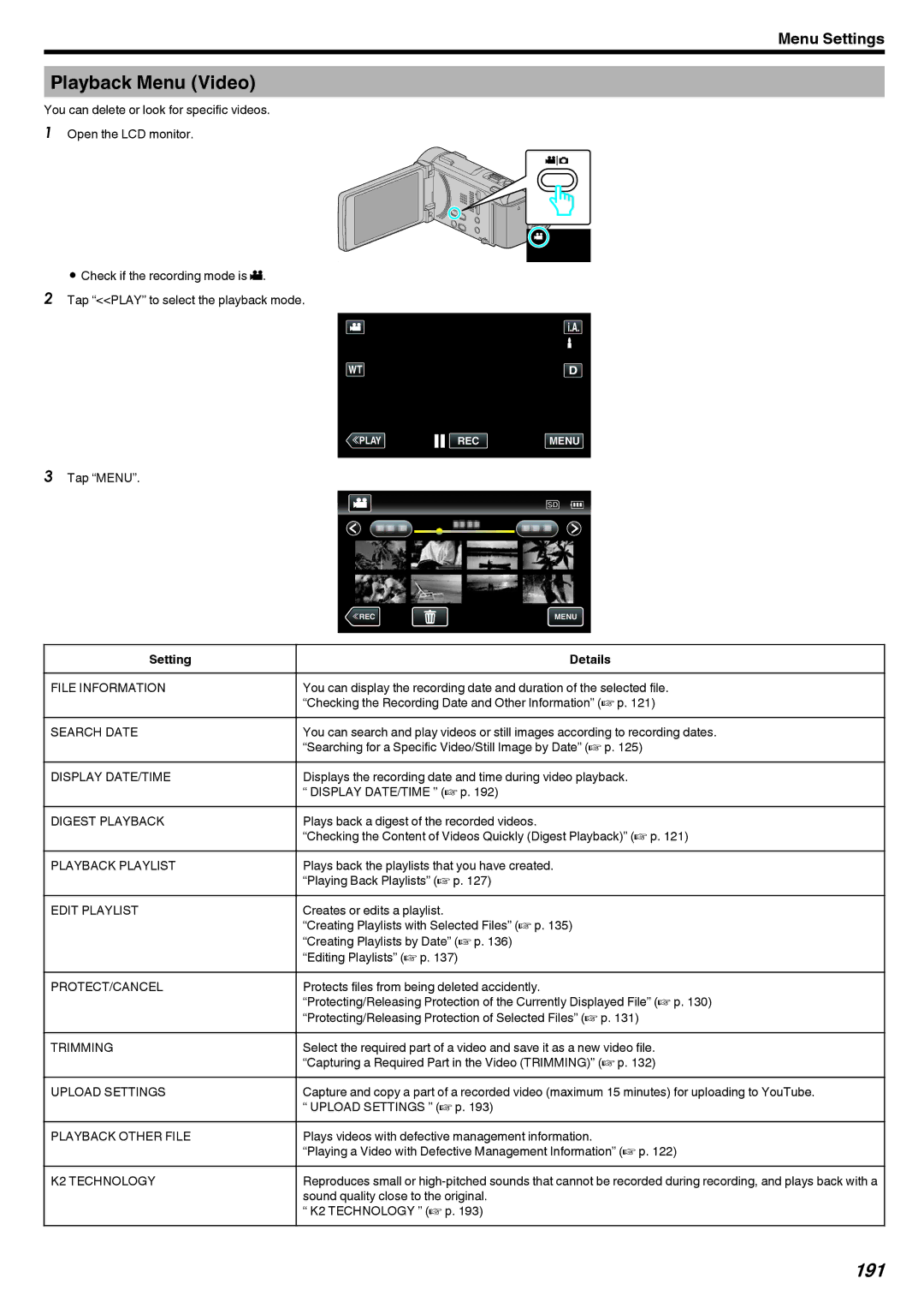 JVC LYT2473-002A manual Playback Menu Video, 191 