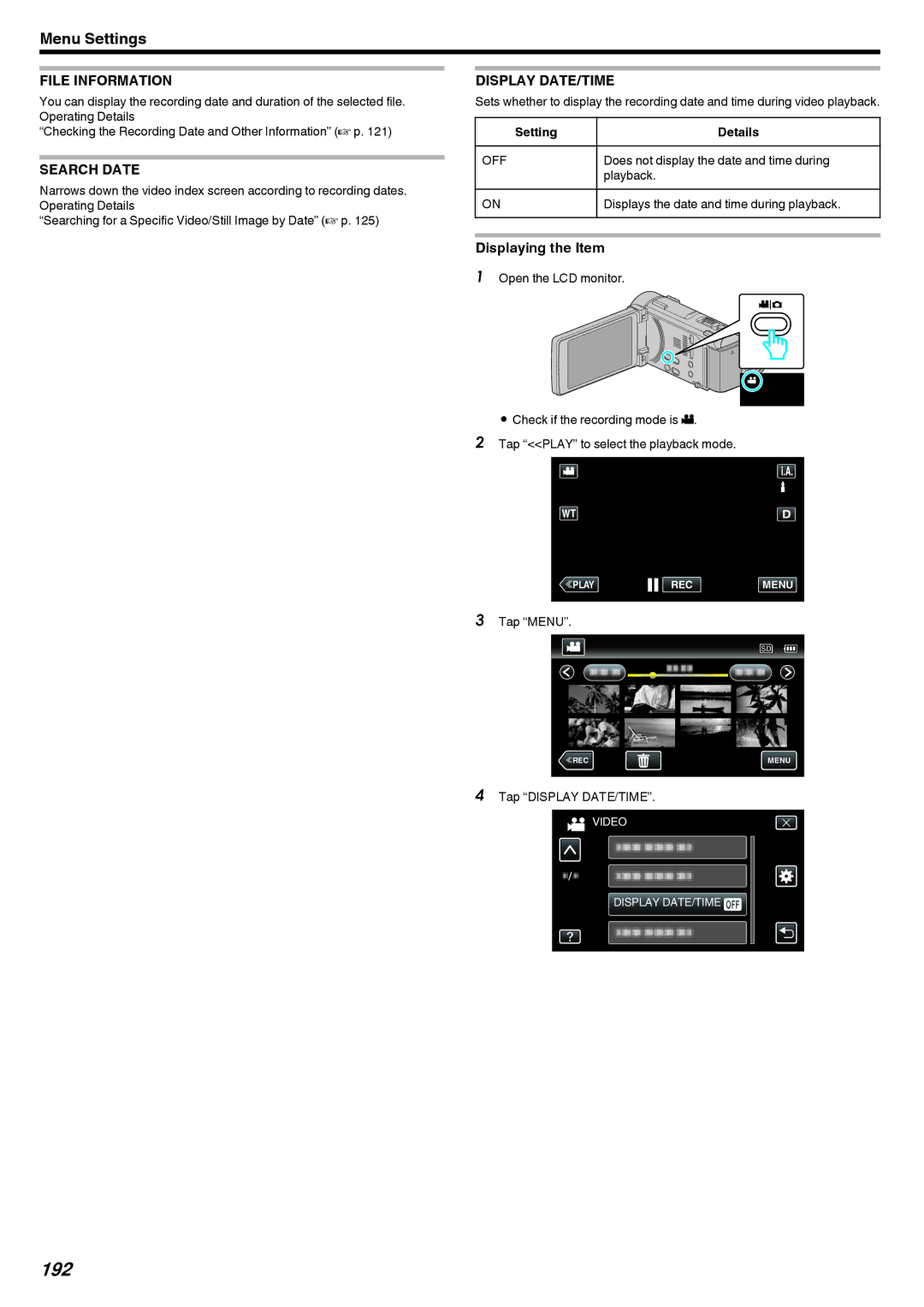 JVC LYT2473-002A manual 192, File Information, Search Date, Display DATE/TIME 