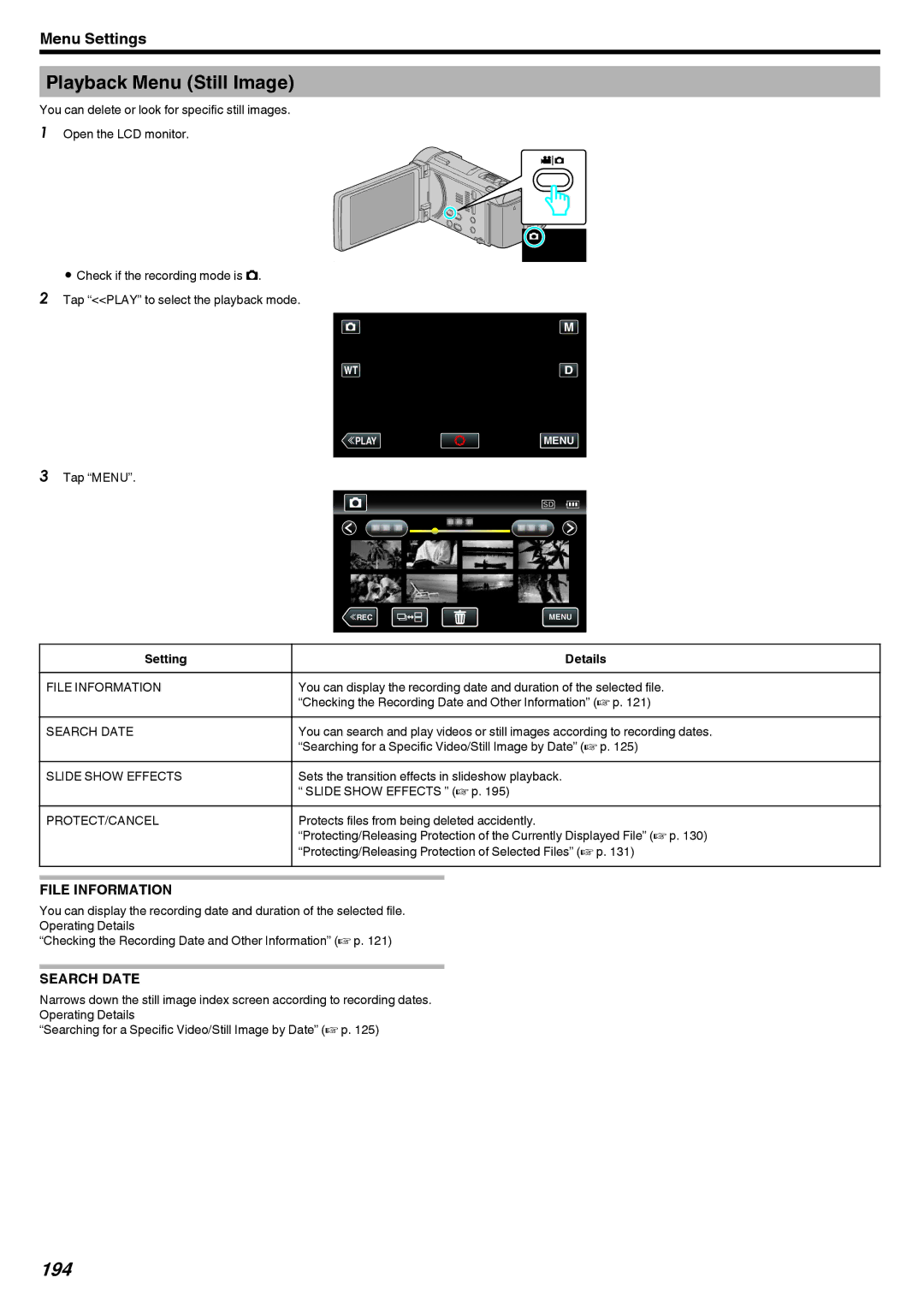 JVC LYT2473-002A Playback Menu Still Image, 194, Slide Show Effects, Sets the transition effects in slideshow playback 