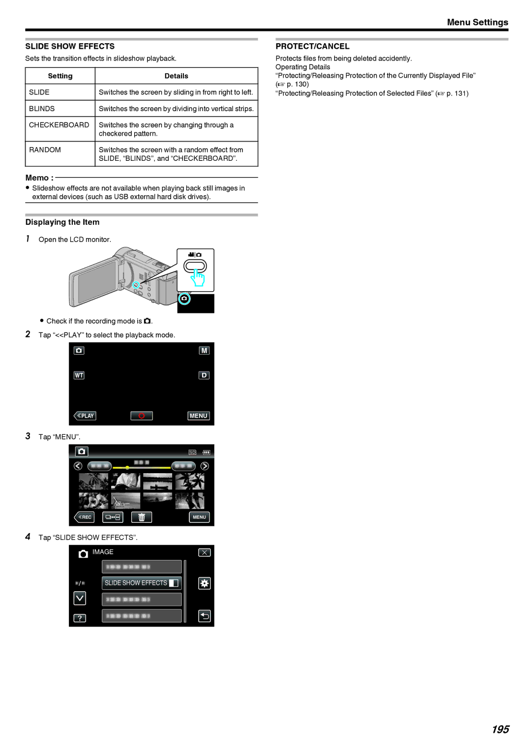 JVC LYT2473-002A manual 195, Slide Show Effects 