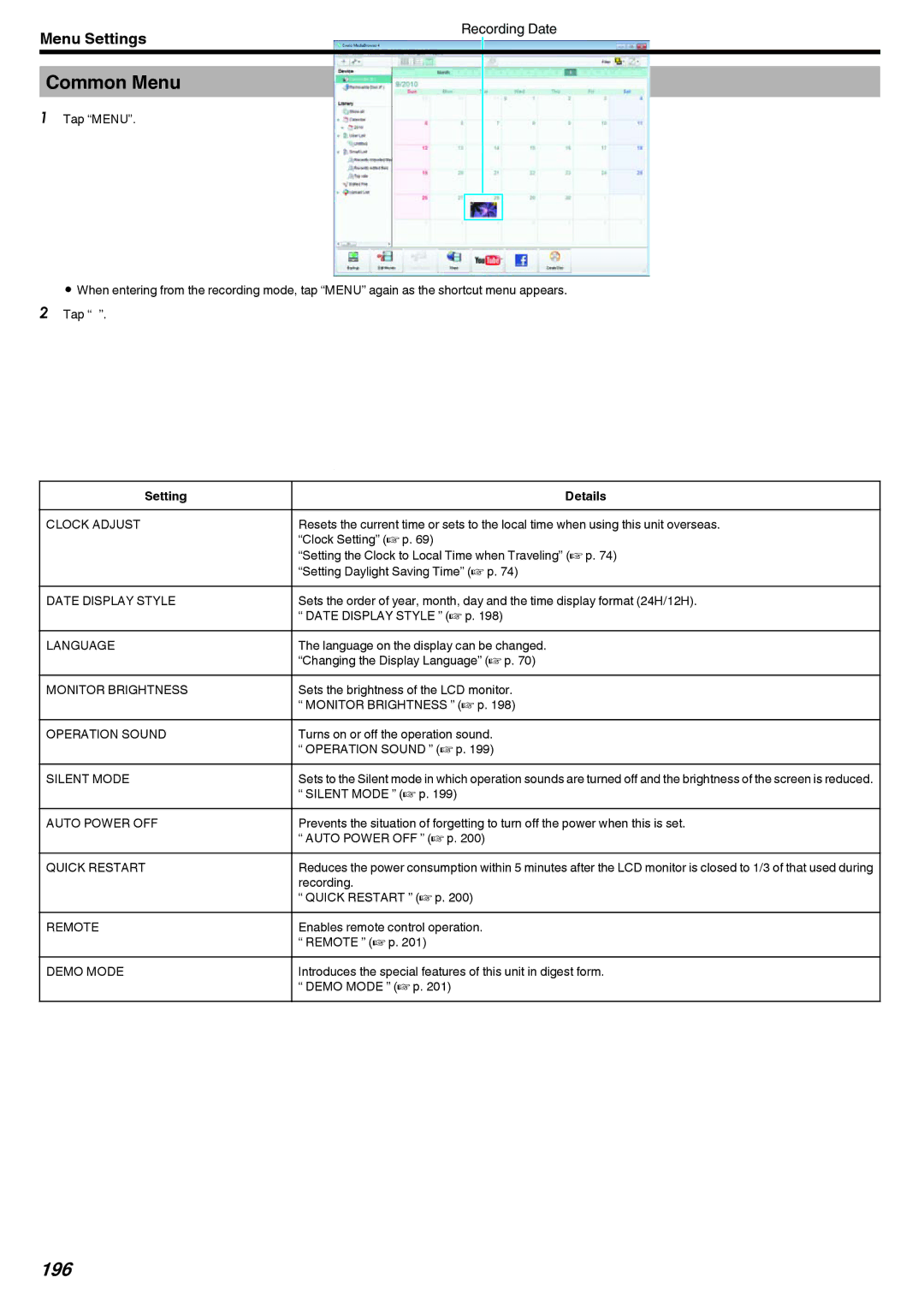 JVC LYT2473-002A manual Common Menu, 196 