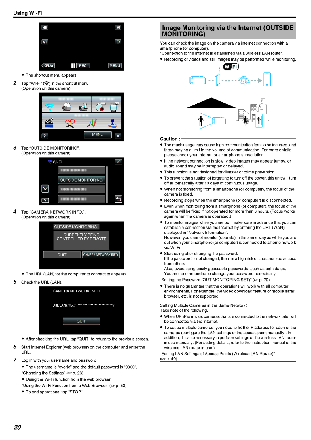 JVC LYT2473-002A manual Image Monitoring via the Internet Outside, Tap Camera Network INFO.. Operation on this camera 