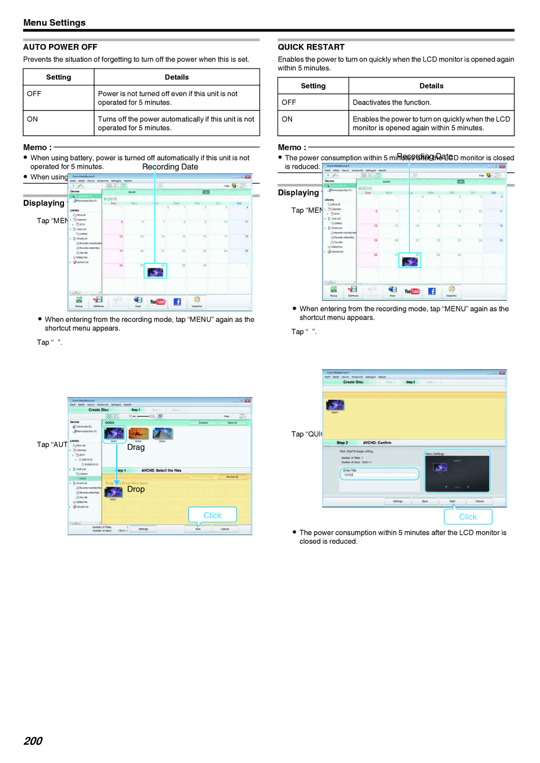 JVC LYT2473-002A manual 200, Auto Power OFF, Quick Restart 