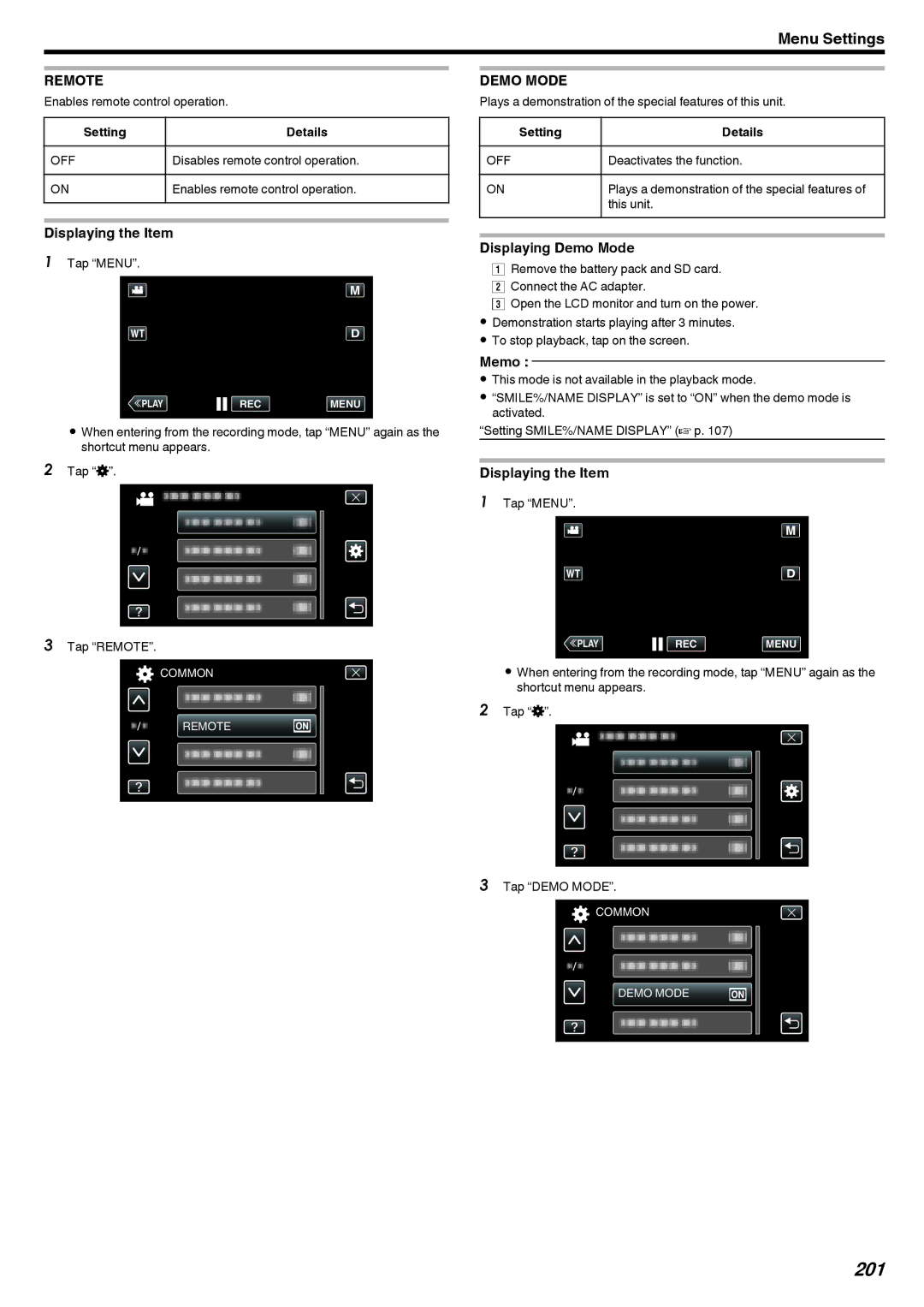 JVC LYT2473-002A manual 201, Remote, Displaying Demo Mode 