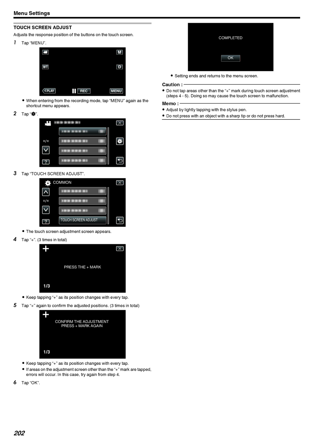 JVC LYT2473-002A manual 202, Touch Screen Adjust, Touch screen adjustment screen appears Tap + times in total 