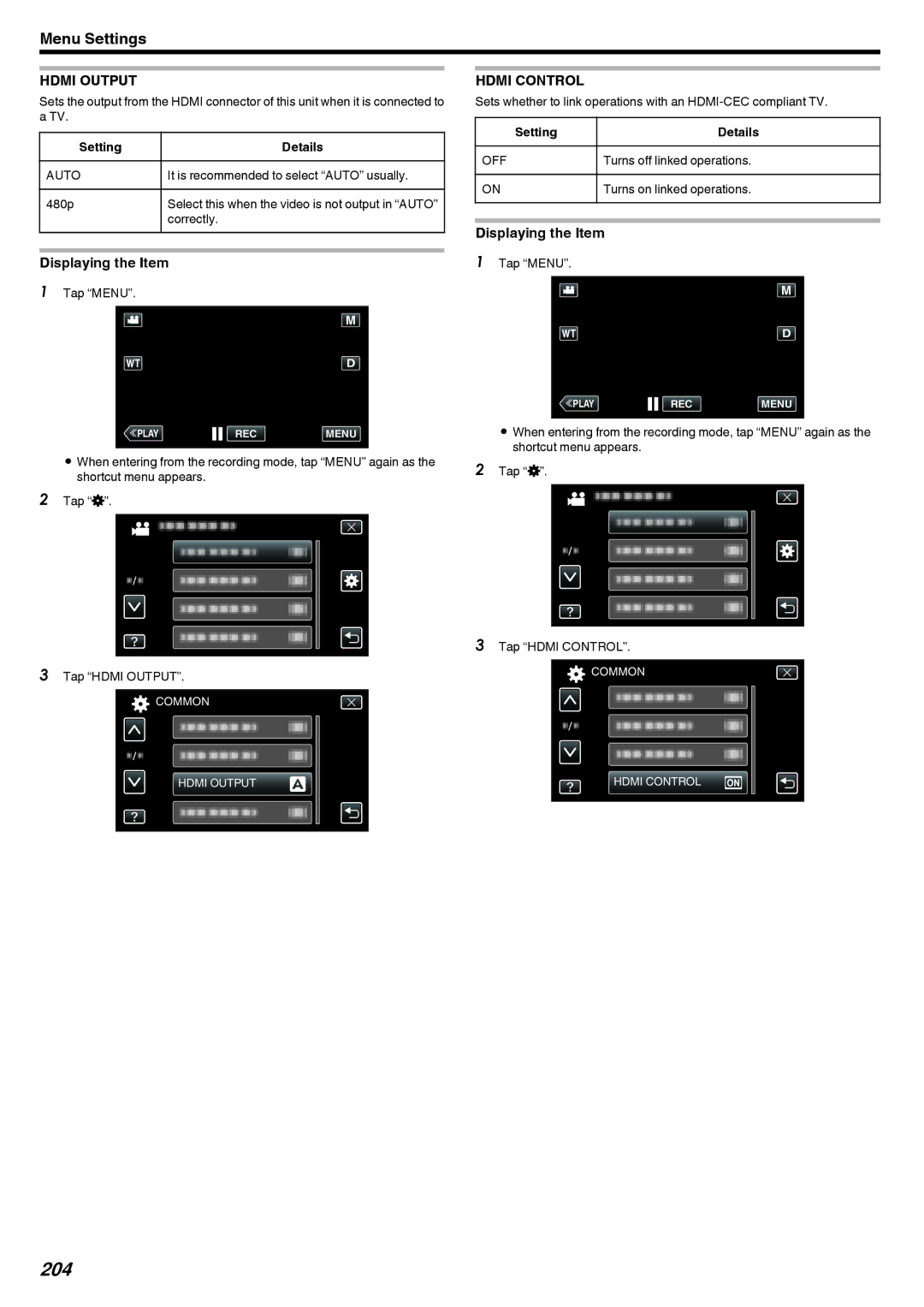 JVC LYT2473-002A manual 204, Hdmi Output, Hdmi Control 