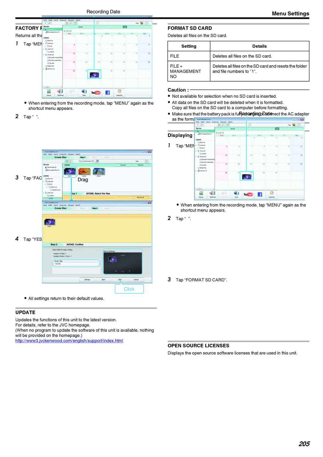 JVC LYT2473-002A manual 205, Factory Preset, Update, Format SD Card, Open Source Licenses 