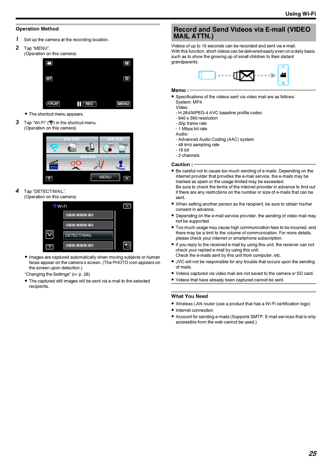 JVC LYT2473-002A manual Record and Send Videos via E-mail Video Mail Attn, Tap DETECT/MAIL. Operation on this camera 