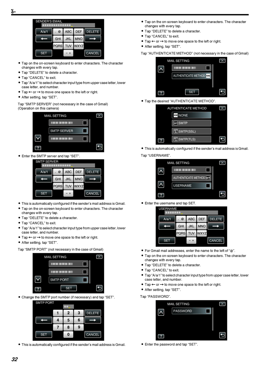 JVC LYT2473-002A manual Enter the Smtp server and tap SET, Change the Smtp port number if necessary and tap SET 