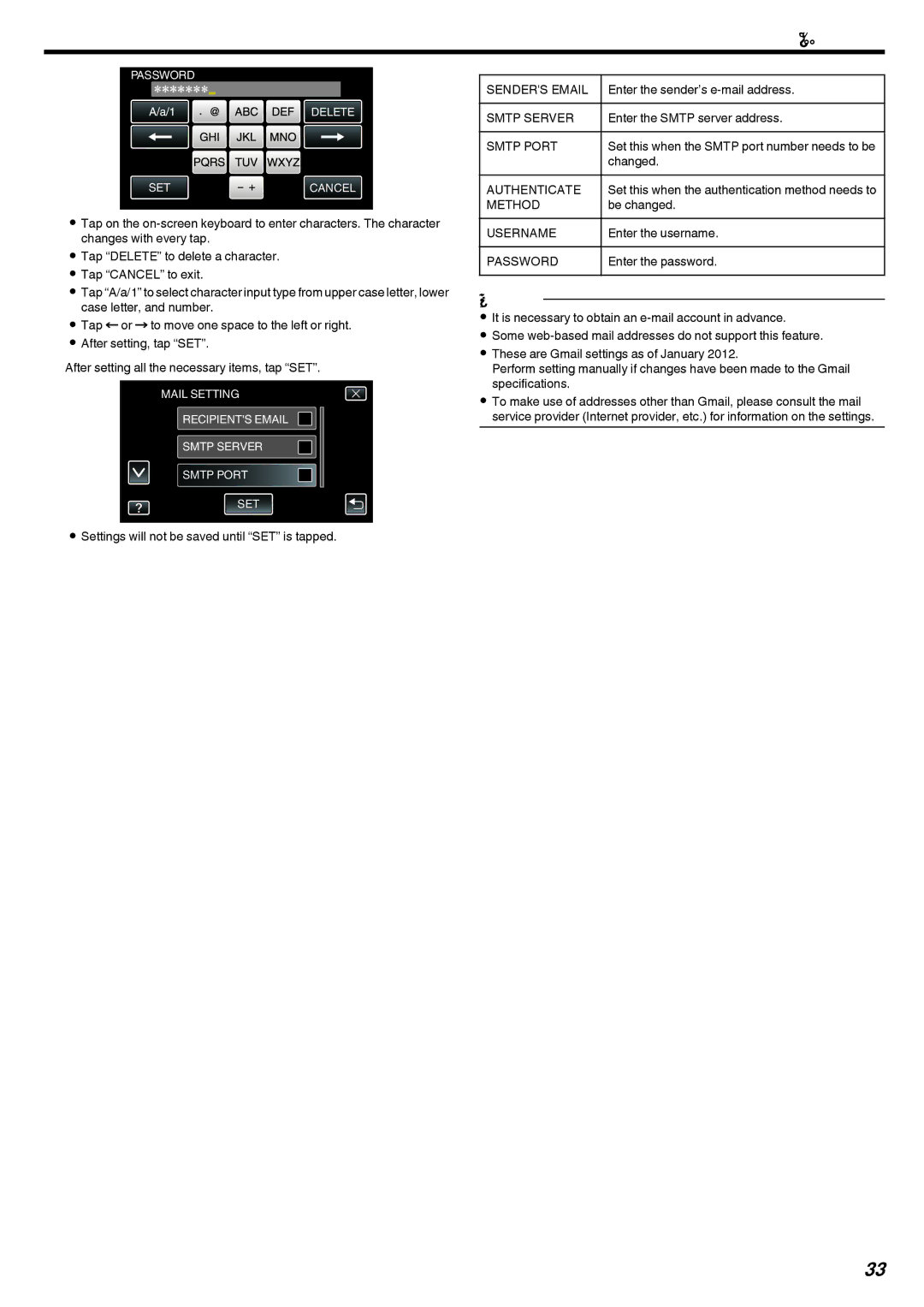 JVC LYT2473-002A manual Senders Email, Smtp Server, Smtp Port, Authenticate, Method, Username, Password 