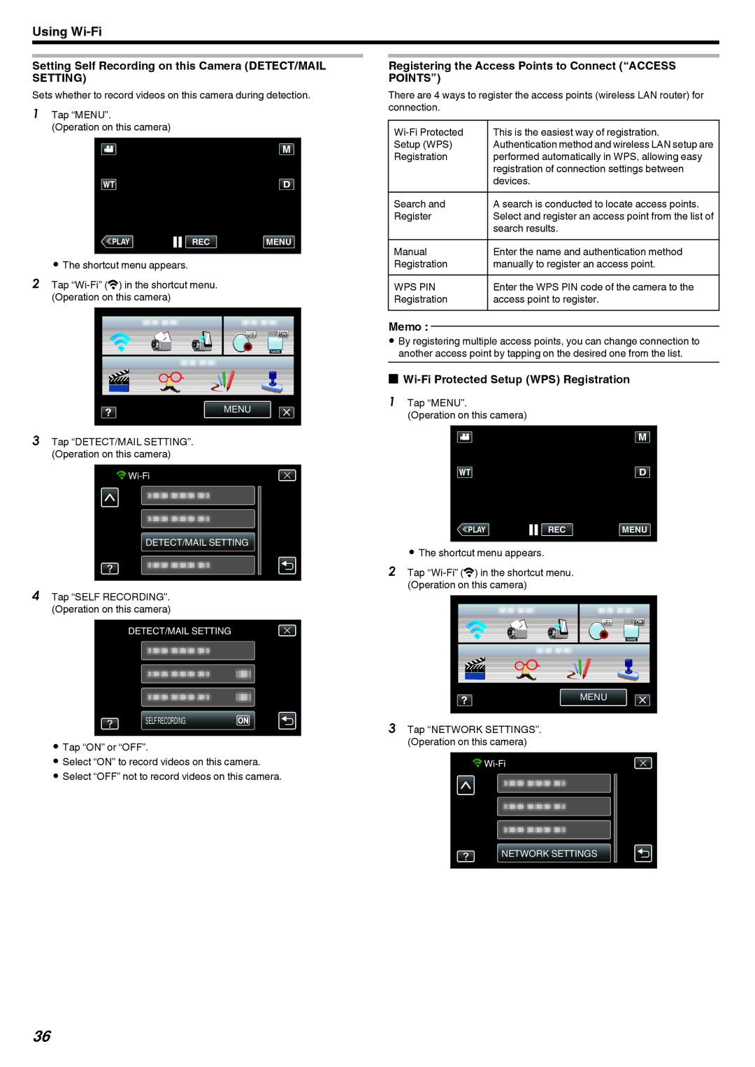 JVC LYT2473-002A manual Setting Self Recording on this Camera DETECT/MAIL Setting, Wi-Fi Protected Setup WPS Registration 