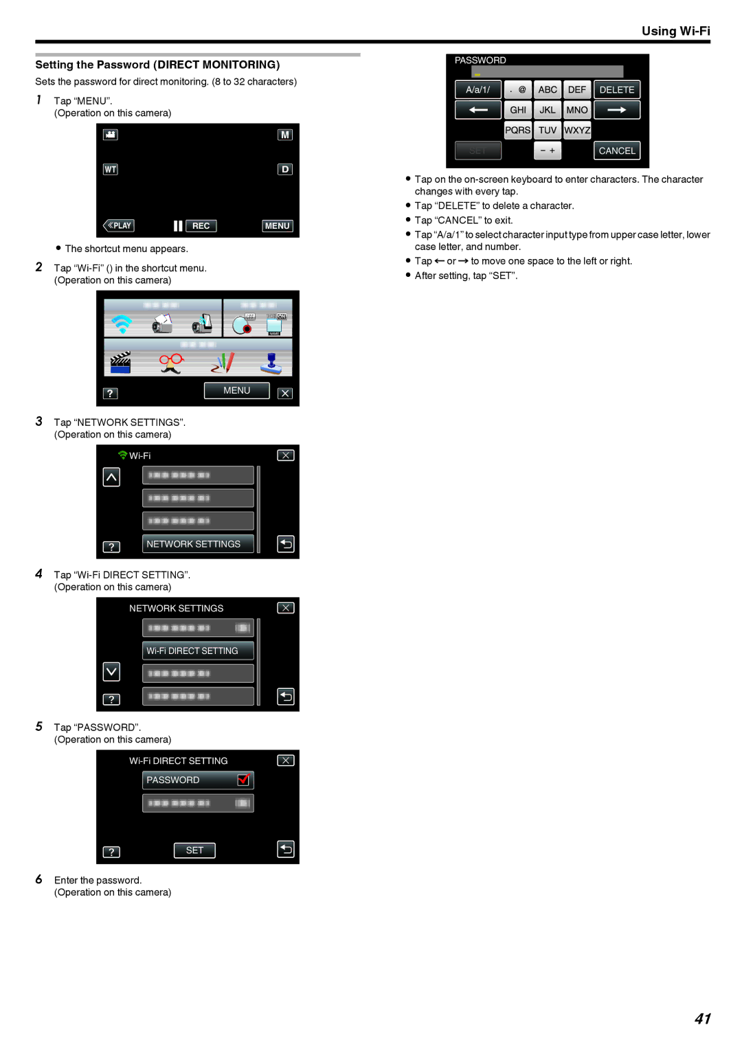 JVC LYT2473-002A manual Setting the Password Direct Monitoring, Tap Wi-Fi Direct SETTING. Operation on this camera 