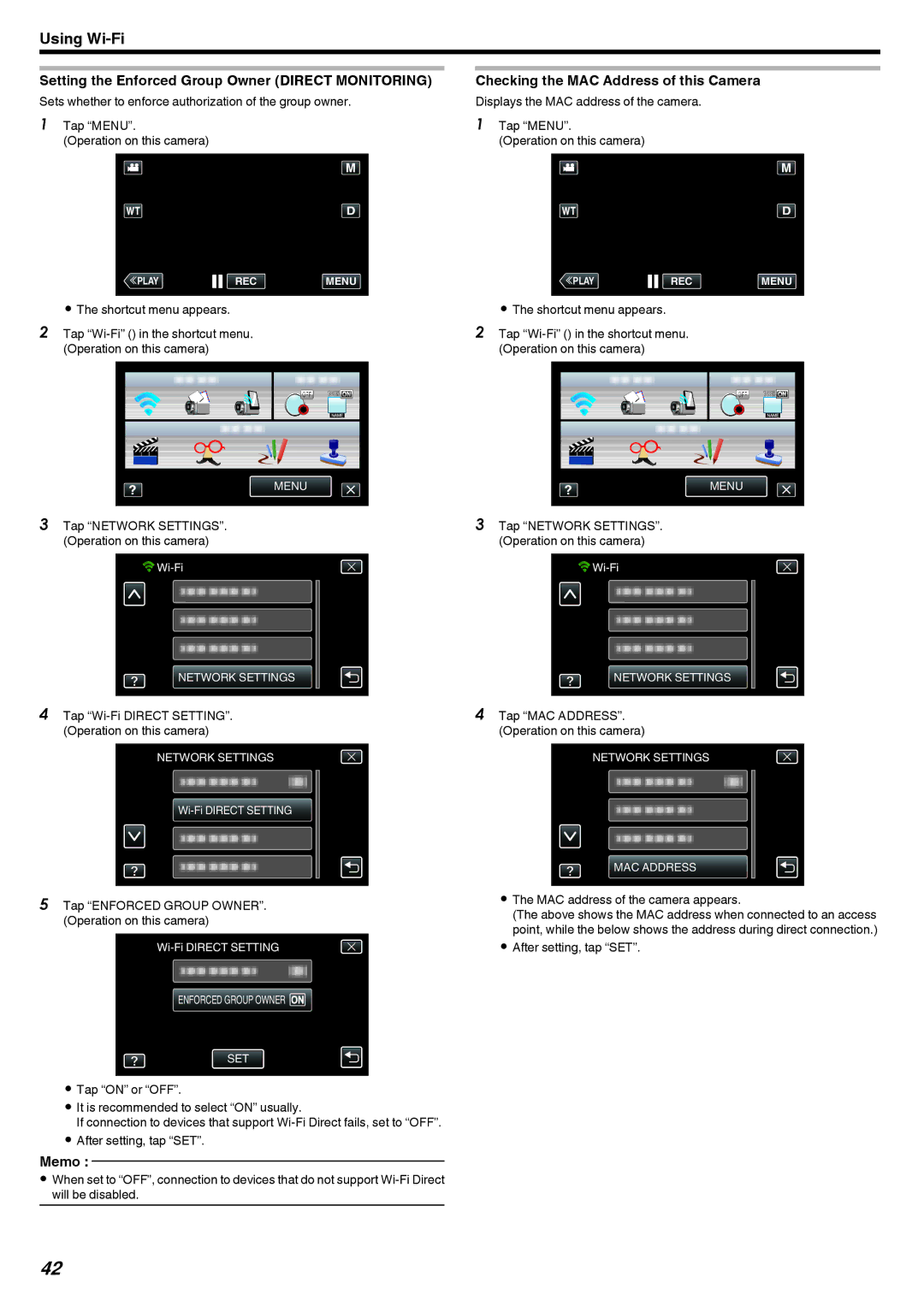 JVC LYT2473-002A manual Setting the Enforced Group Owner Direct Monitoring, Checking the MAC Address of this Camera 