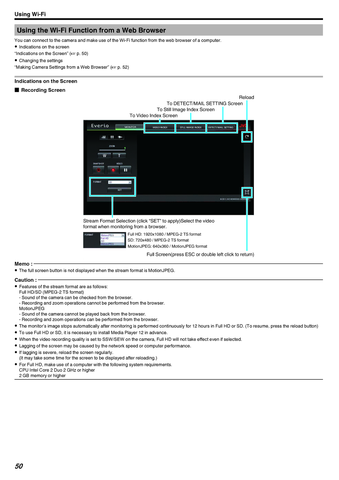 JVC LYT2473-002A manual Using the Wi-Fi Function from a Web Browser, Indications on the Screen Recording Screen 