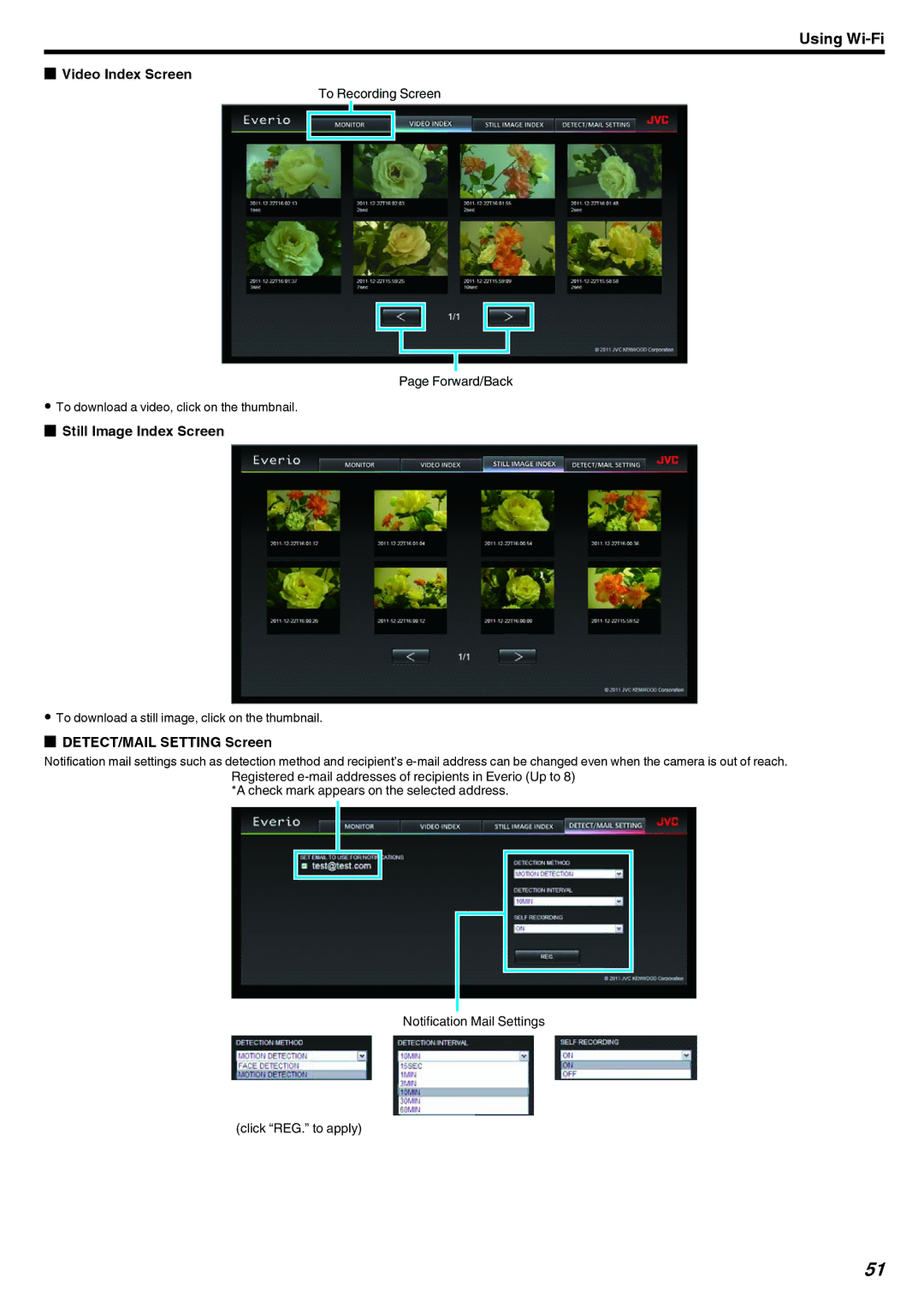 JVC LYT2473-002A manual DETECT/MAIL Setting Screen, To download a still image, click on the thumbnail 