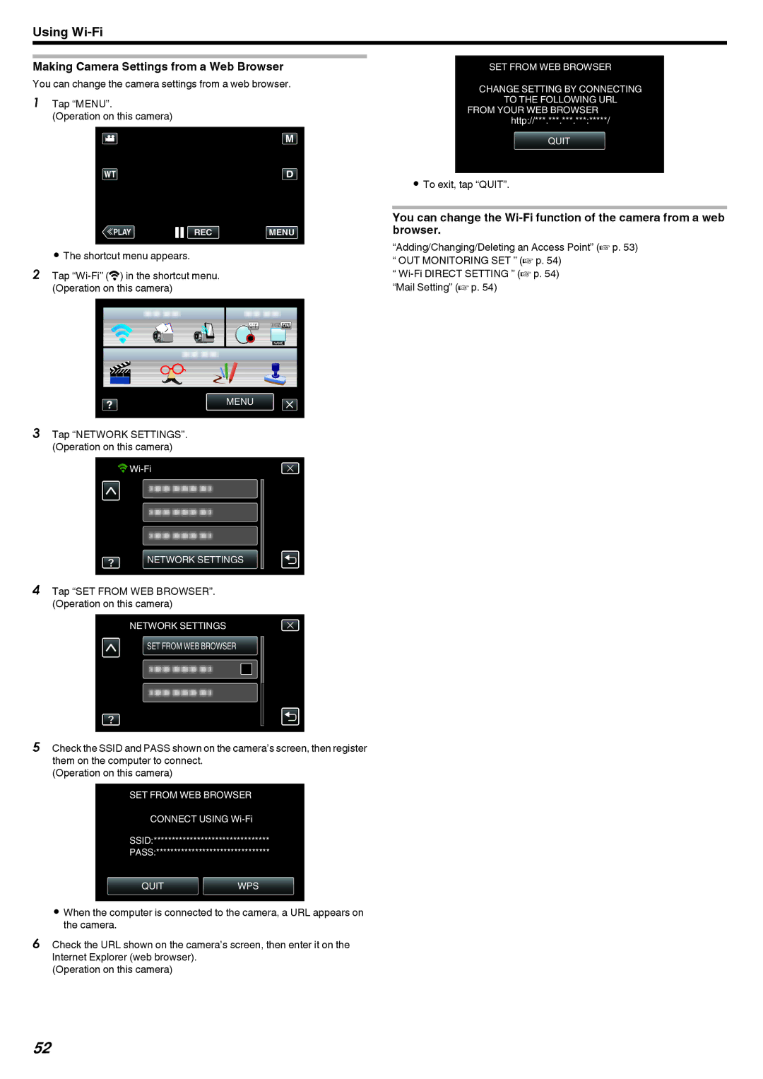 JVC LYT2473-002A manual Making Camera Settings from a Web Browser, Tap SET from WEB BROWSER. Operation on this camera 