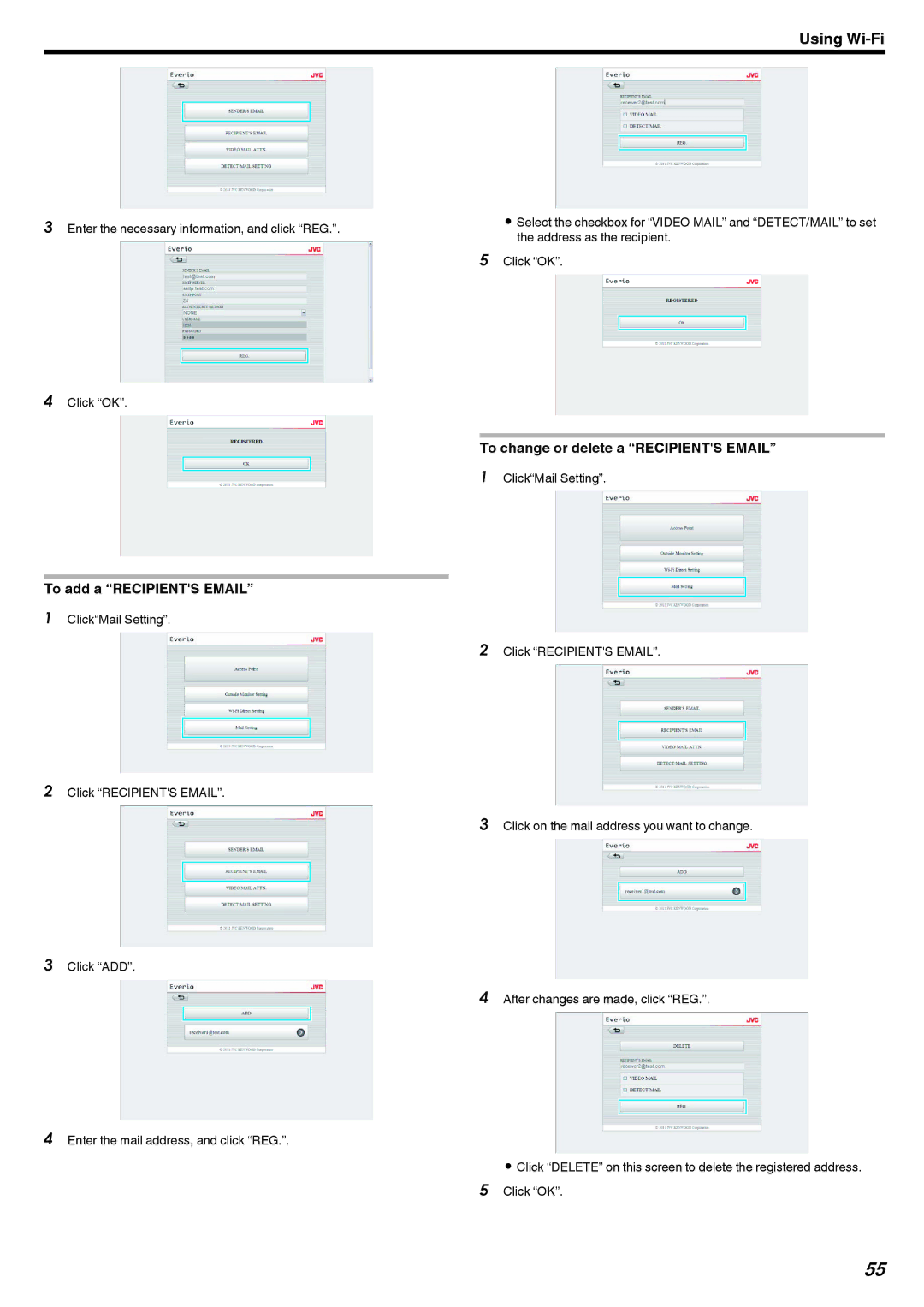 JVC LYT2473-002A manual To add a Recipients Email, To change or delete a Recipients Email 