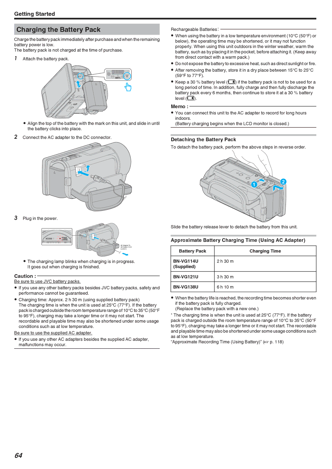 JVC LYT2473-002A Charging the Battery Pack, Detaching the Battery Pack, Approximate Battery Charging Time Using AC Adapter 