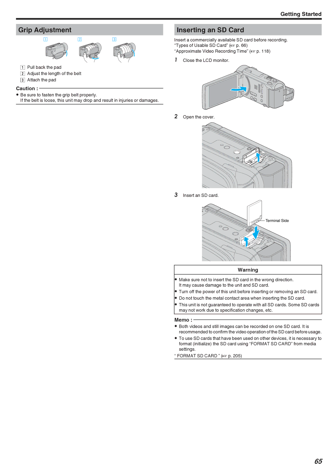 JVC LYT2473-002A manual Grip Adjustment, Inserting an SD Card 