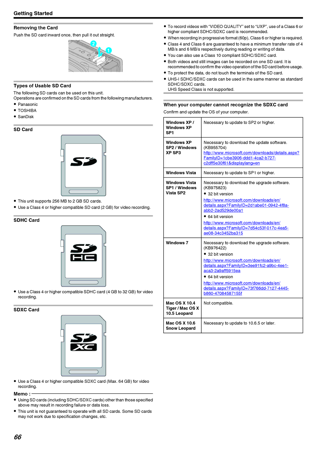 JVC LYT2473-002A manual Removing the Card, Types of Usable SD Card, Sdhc Card, Sdxc Card 