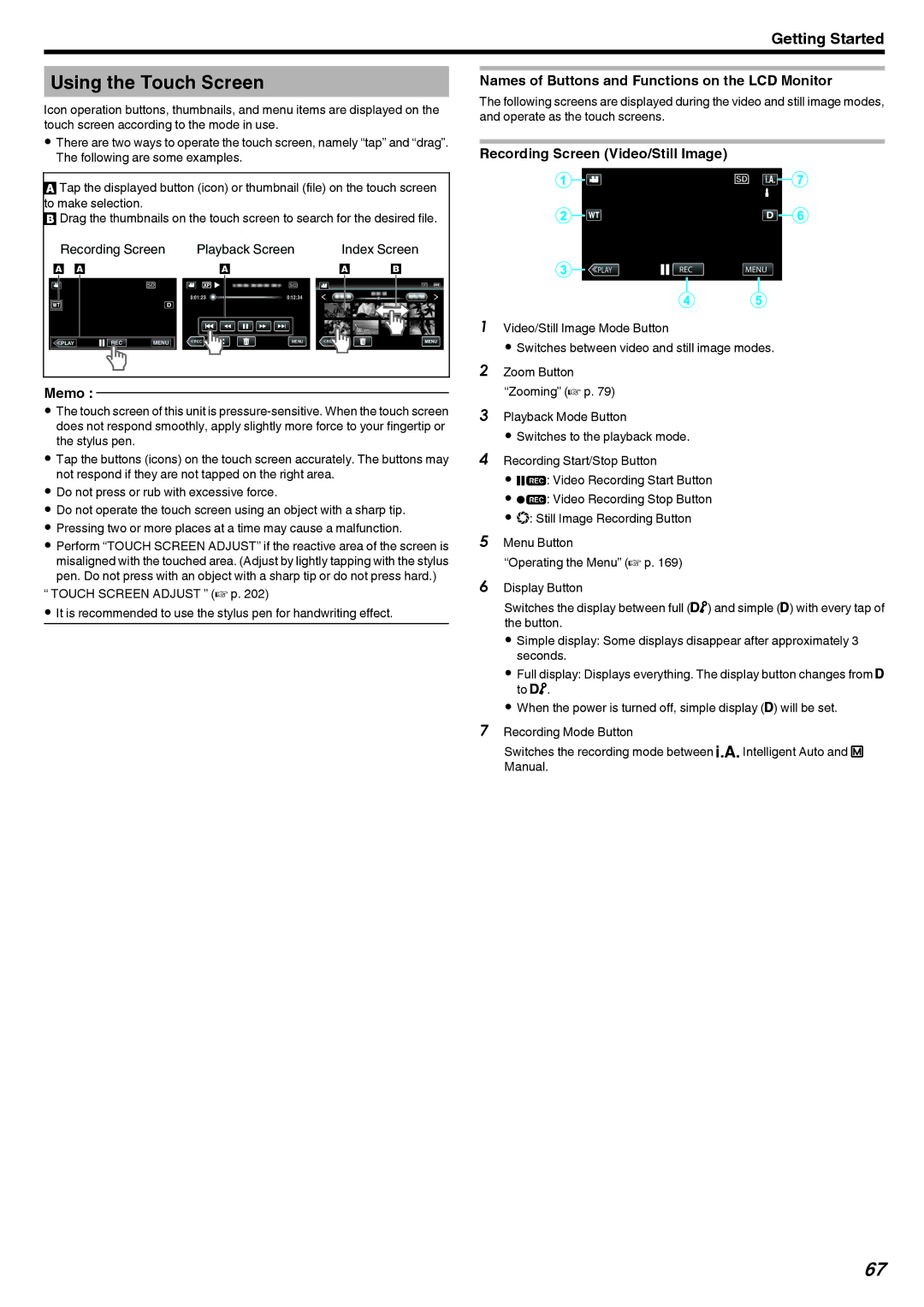 JVC LYT2473-002A manual Using the Touch Screen, Names of Buttons and Functions on the LCD Monitor 