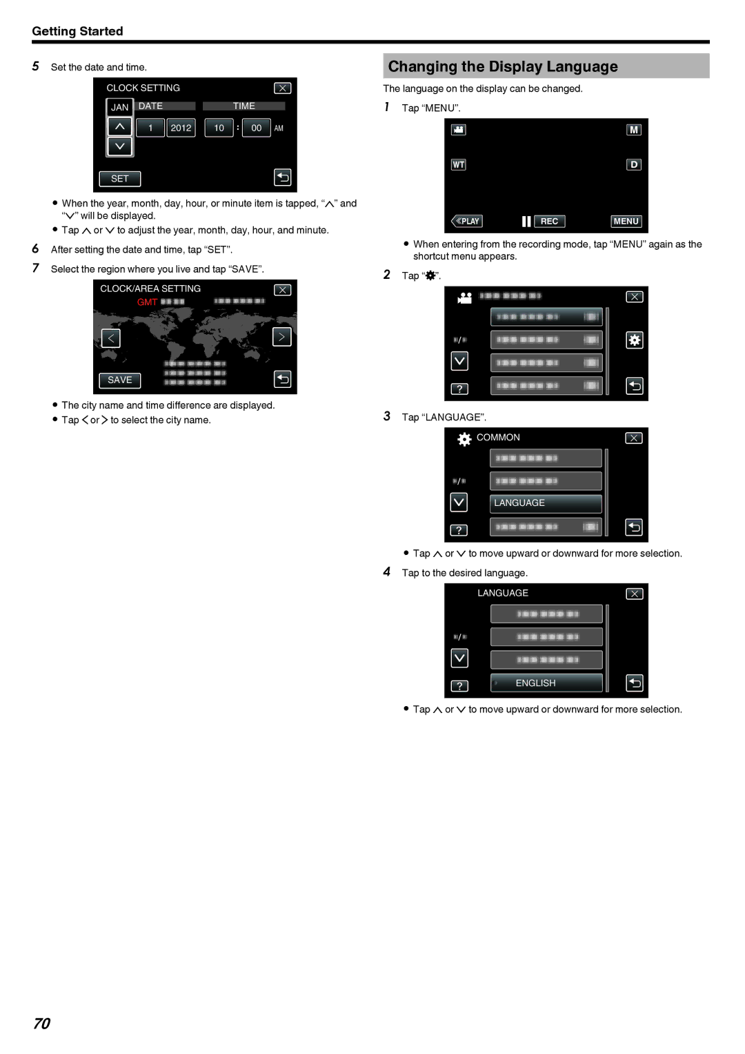 JVC LYT2473-002A manual Changing the Display Language, Language on the display can be changed Tap Menu 