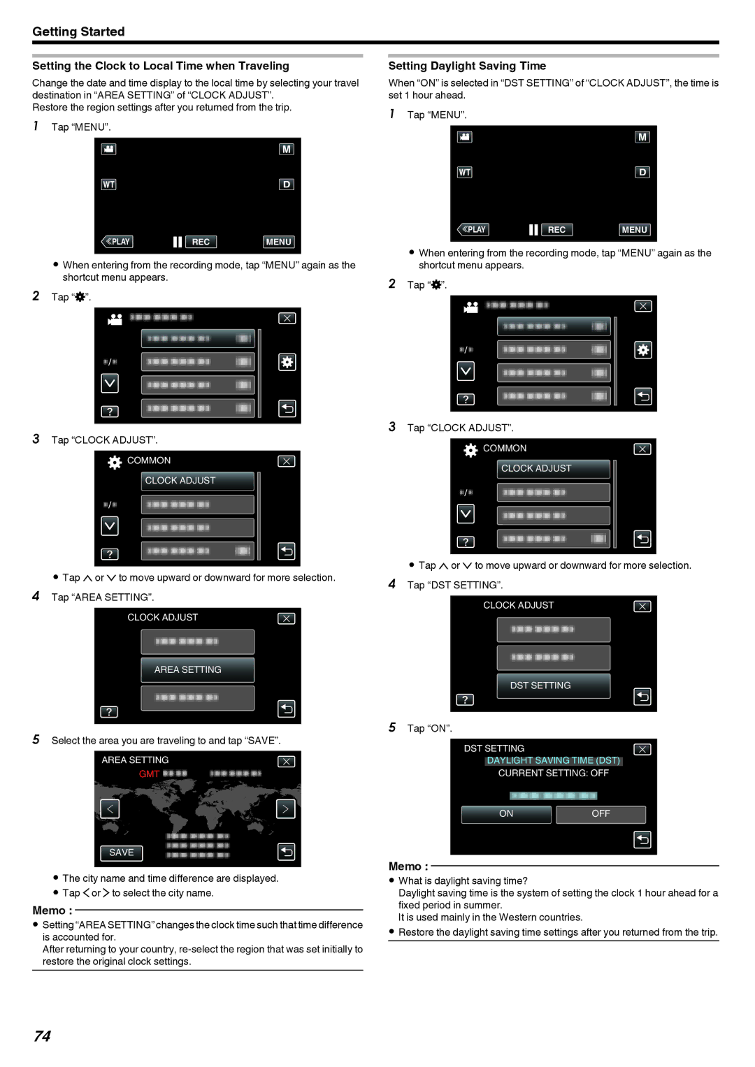 JVC LYT2473-002A manual Setting the Clock to Local Time when Traveling, Setting Daylight Saving Time, Tap on 