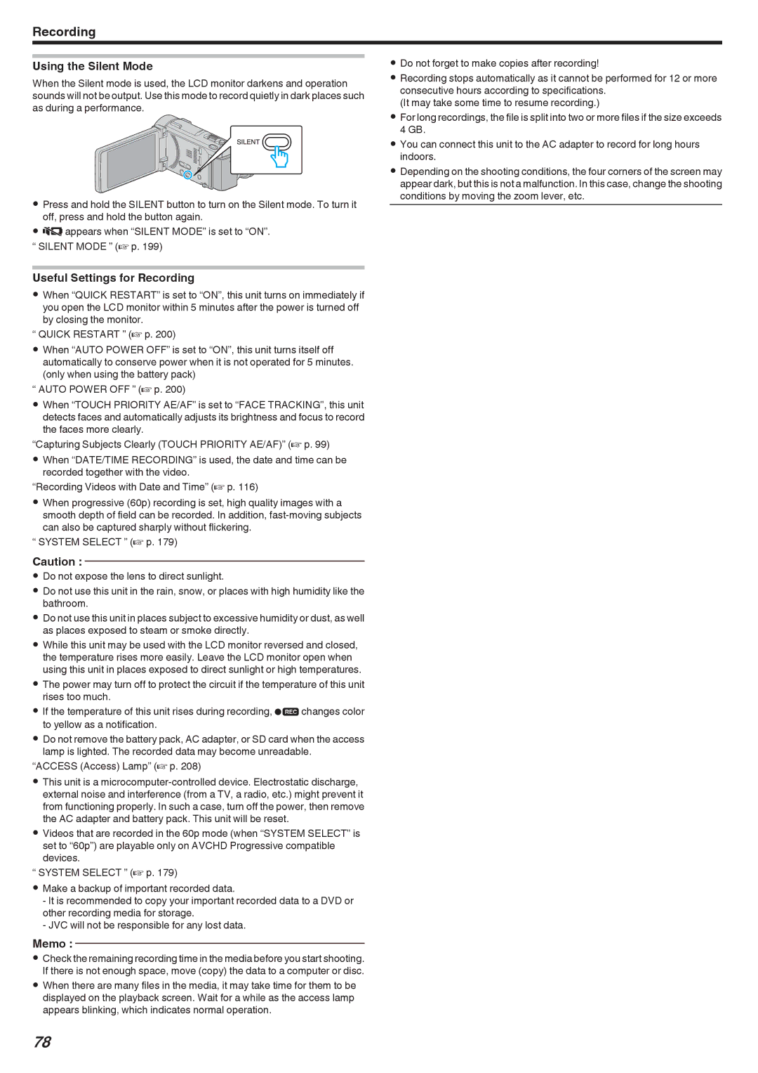 JVC LYT2473-002A manual Using the Silent Mode, Useful Settings for Recording 