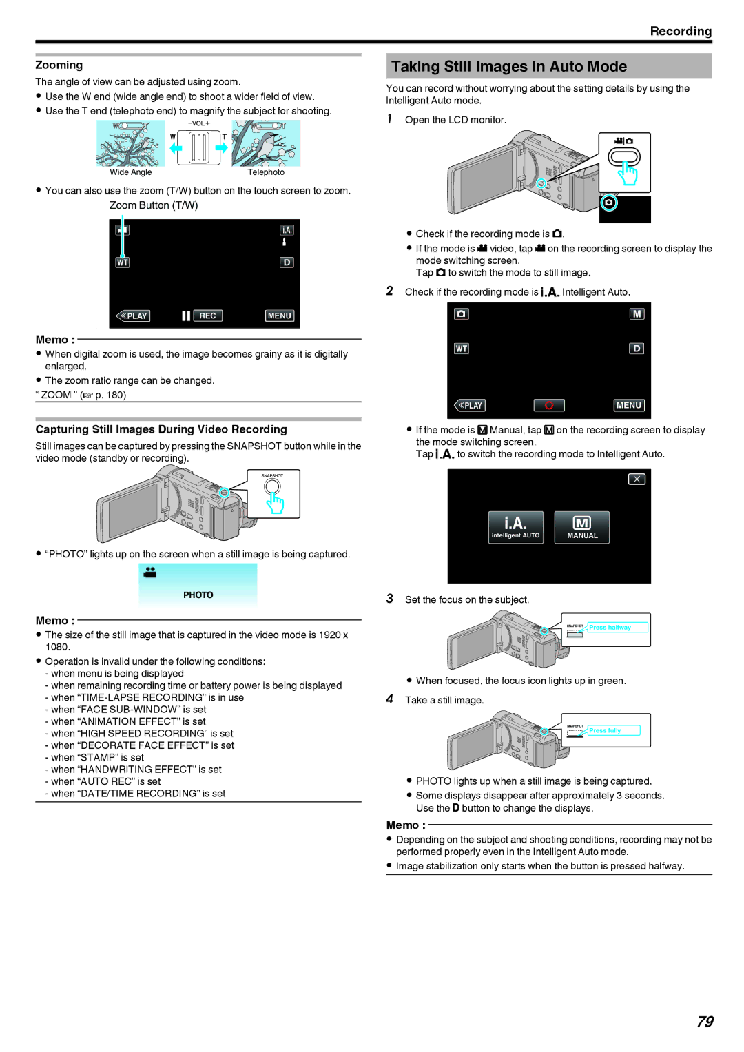 JVC LYT2473-002A manual Taking Still Images in Auto Mode, Zooming, Capturing Still Images During Video Recording 