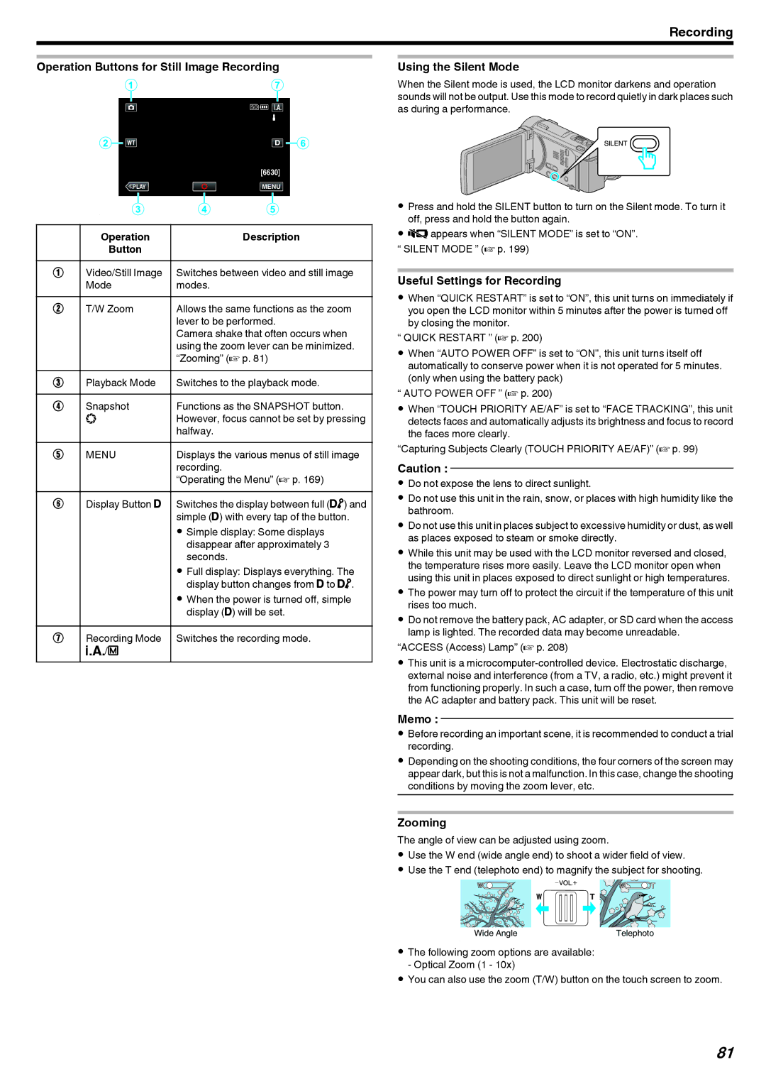 JVC LYT2473-002A Operation Buttons for Still Image Recording, Halfway, Displays the various menus of still image, Seconds 