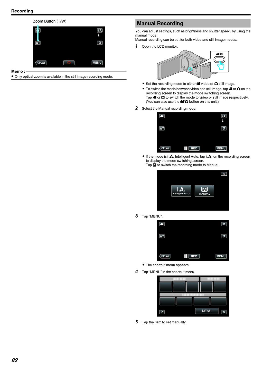 JVC LYT2473-002A Manual Recording, Shortcut menu appears Tap Menu in the shortcut menu, Tap the item to set manually 