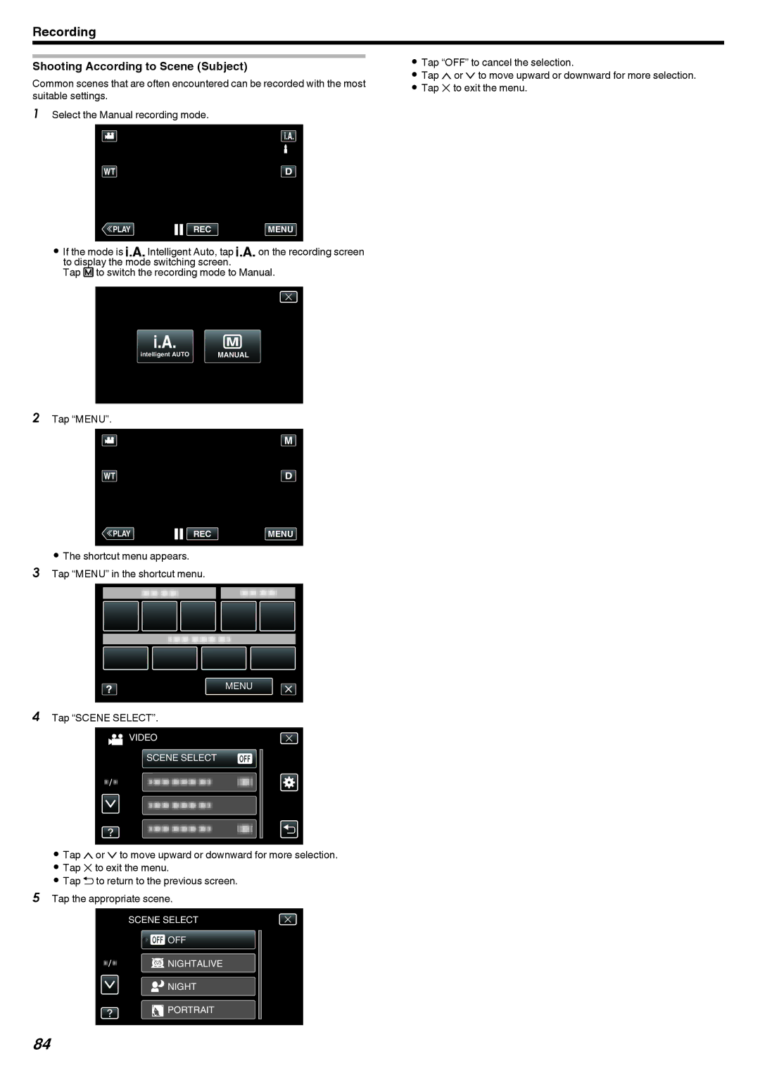 JVC LYT2473-002A manual Shooting According to Scene Subject, Tap Scene Select 