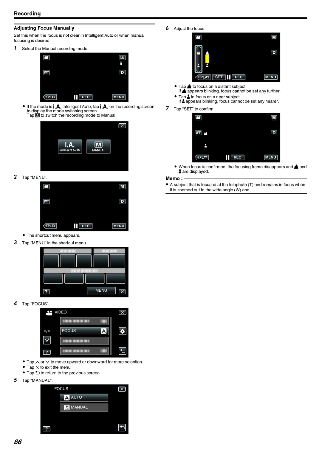 JVC LYT2473-002A manual Adjusting Focus Manually, Tap Focus, Adjust the focus 